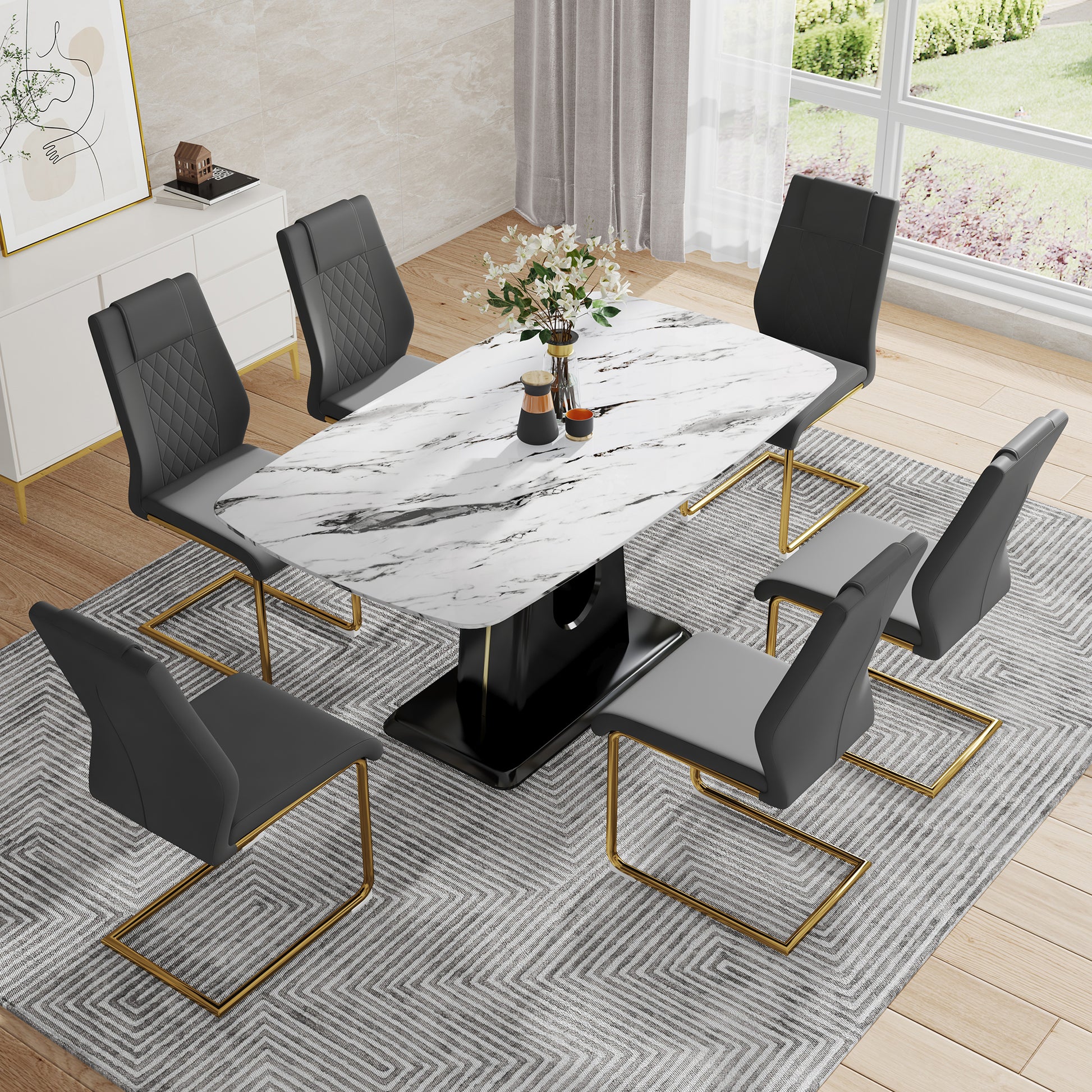 Table And Chair Set, Modern And Minimalist Dining Table, Imitation Marble Patterned Tabletop, Mdf Legs With U Shaped Brackets. Paired With Comfortable Chairs, Suitable For Dining And Living Rooms. Grey Black Mdf Glass
