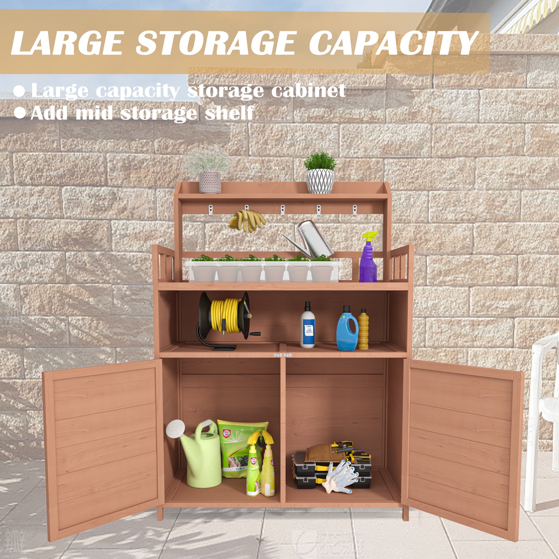 Potting Bench Outdoor Gardening Table For Outside Wood Garden Planting Workstation Work Benches With Large Storage Cabinet & Top Shelf For Patio Brown Weather Resistant Frame Garden & Outdoor Classic Wood