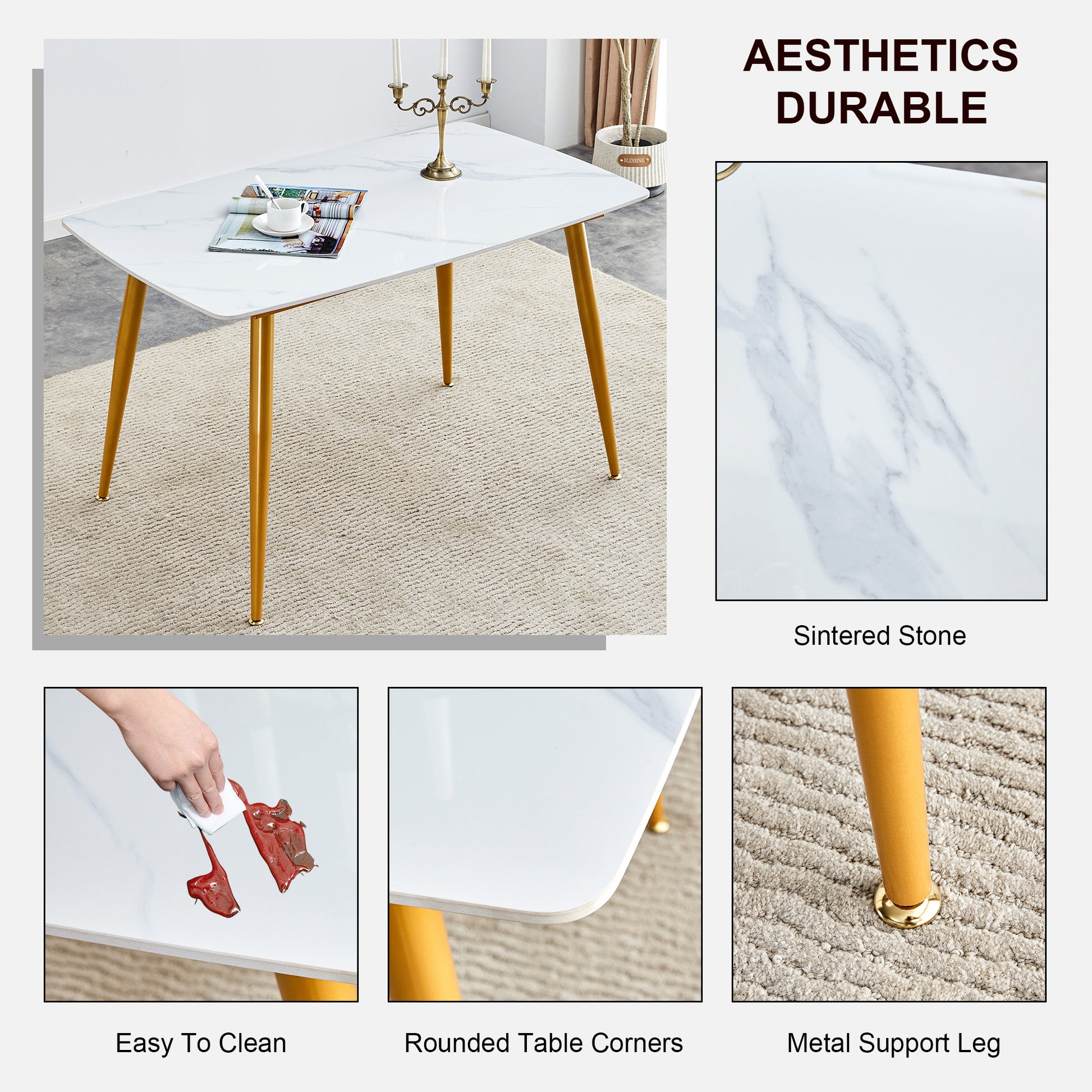 Table And Chair Set.A Morden Table With White Imitation Marble Patterned Stone Burning Tabletop With Golden Metal Legs.Paried With 4 Chairs With Pu Leather Backrest And Black Metal Legs. Light Gray,White Gold Seats 4 Metal,Sintered Stone