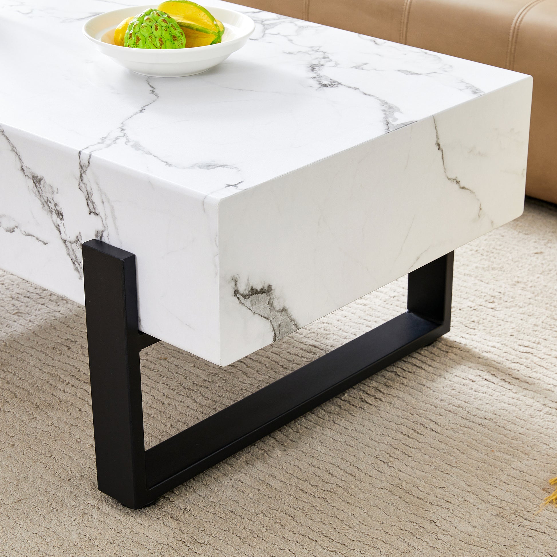 47.2"X23.6" Black And White Minimalist Mdf Marble Patterned Coffee Table.White Marble Pattern Sticker,Black Metal Leg Spray Coating,Mdf Coffee Table.Showcasing A Modern And Simple Style. White Black