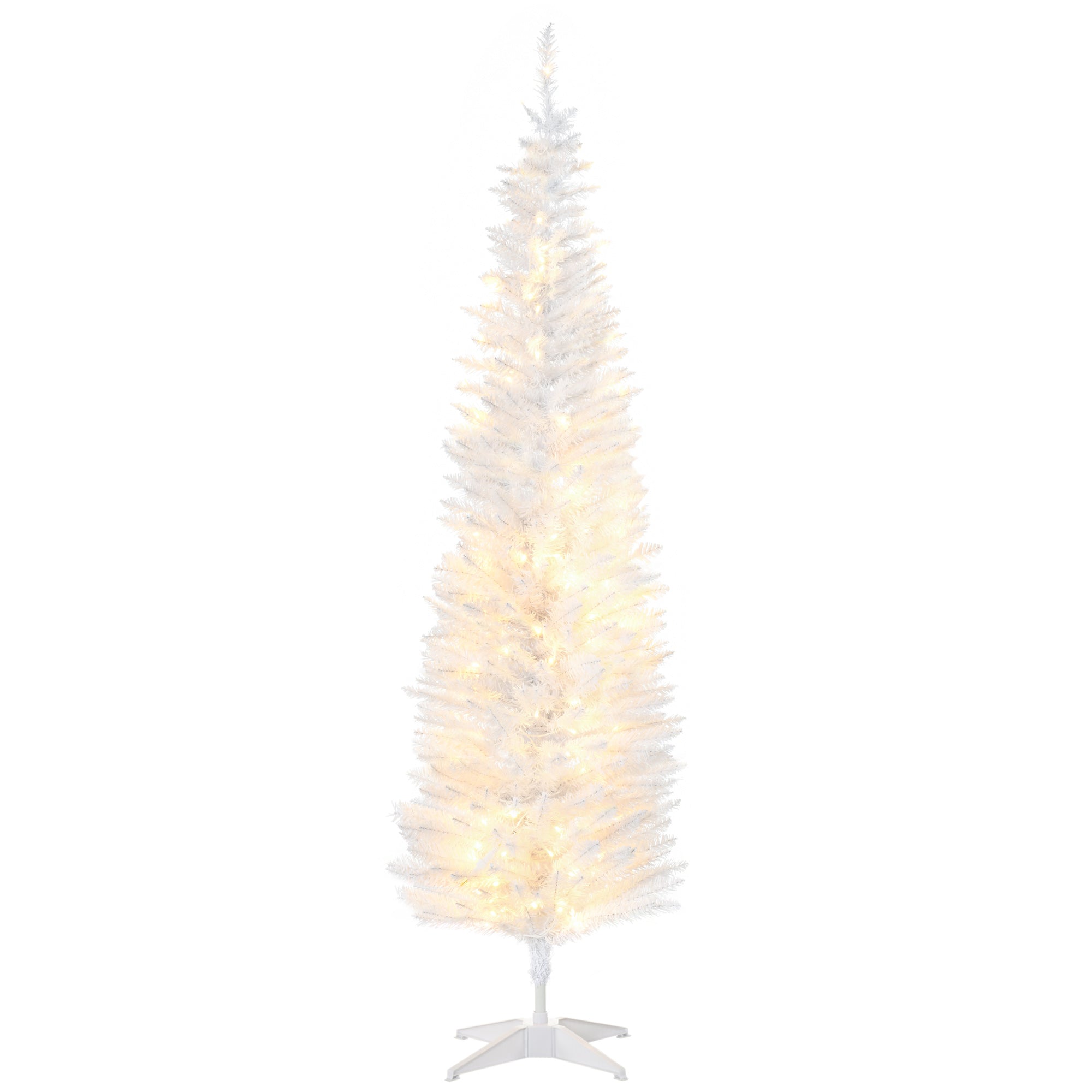 Homcom 6' Tall Pre Lit Slim Noble Fir Artificial Christmas Tree With 200 Warm White Led Lights And 390 Tips, For Christmas Decoration, White White Plastic