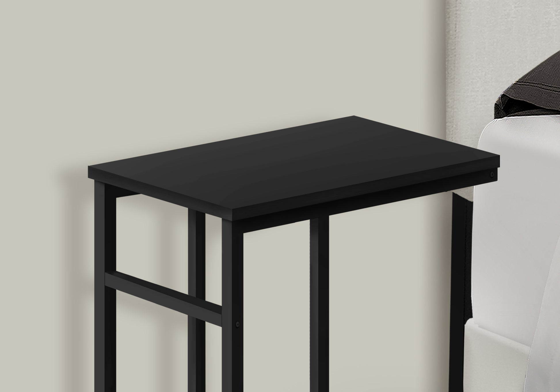 Accent Table, C Shaped, End, Side, Snack, Living Room, Bedroom, Black Laminate, Black Metal, Contemporary, Modern Black Particle Board