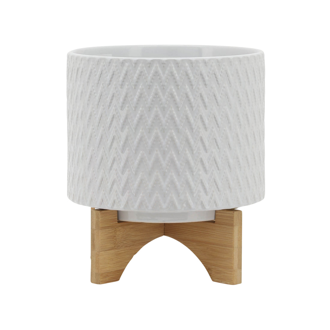 8" Chevron Planter W Stand, White White Ceramic