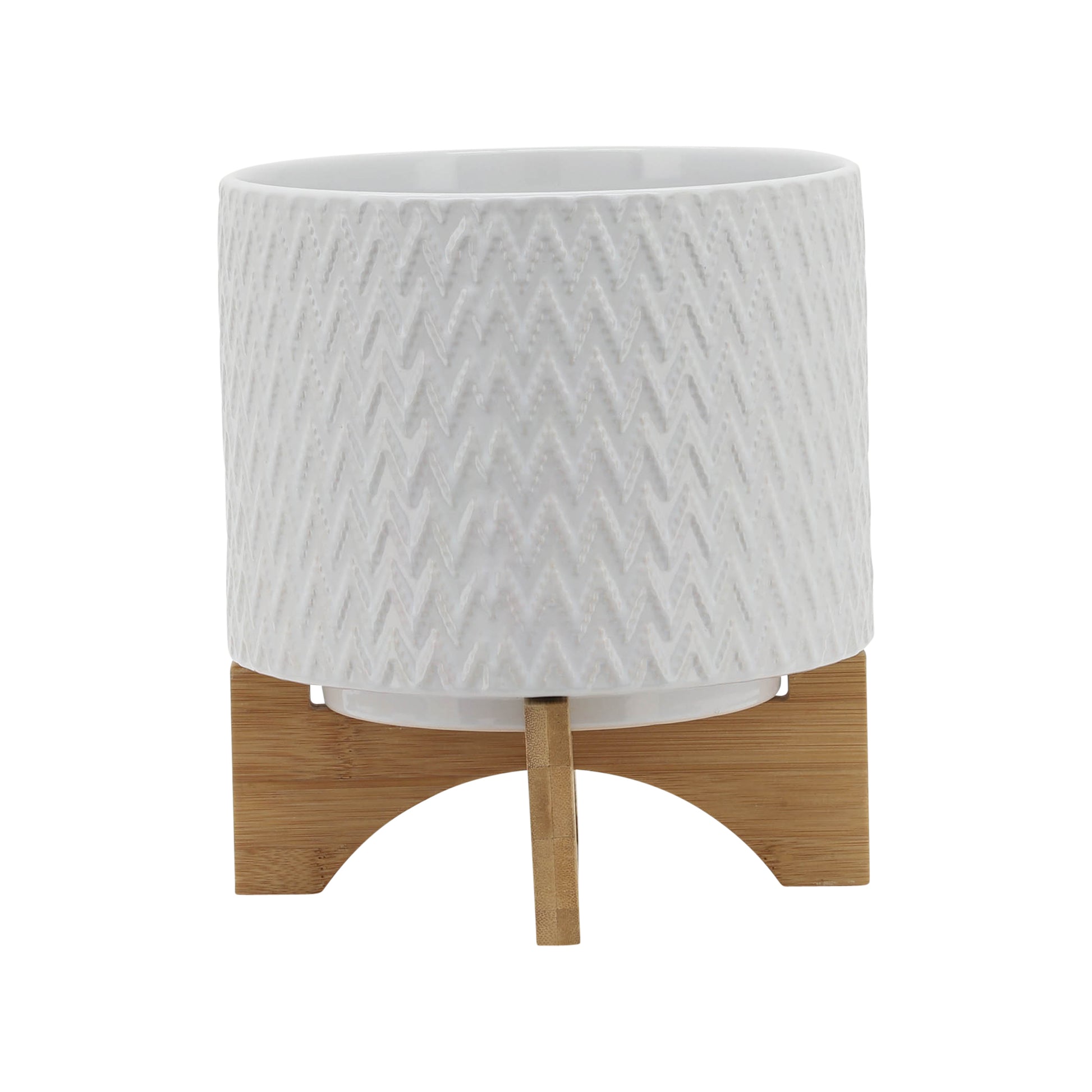 8" Chevron Planter W Stand, White White Ceramic