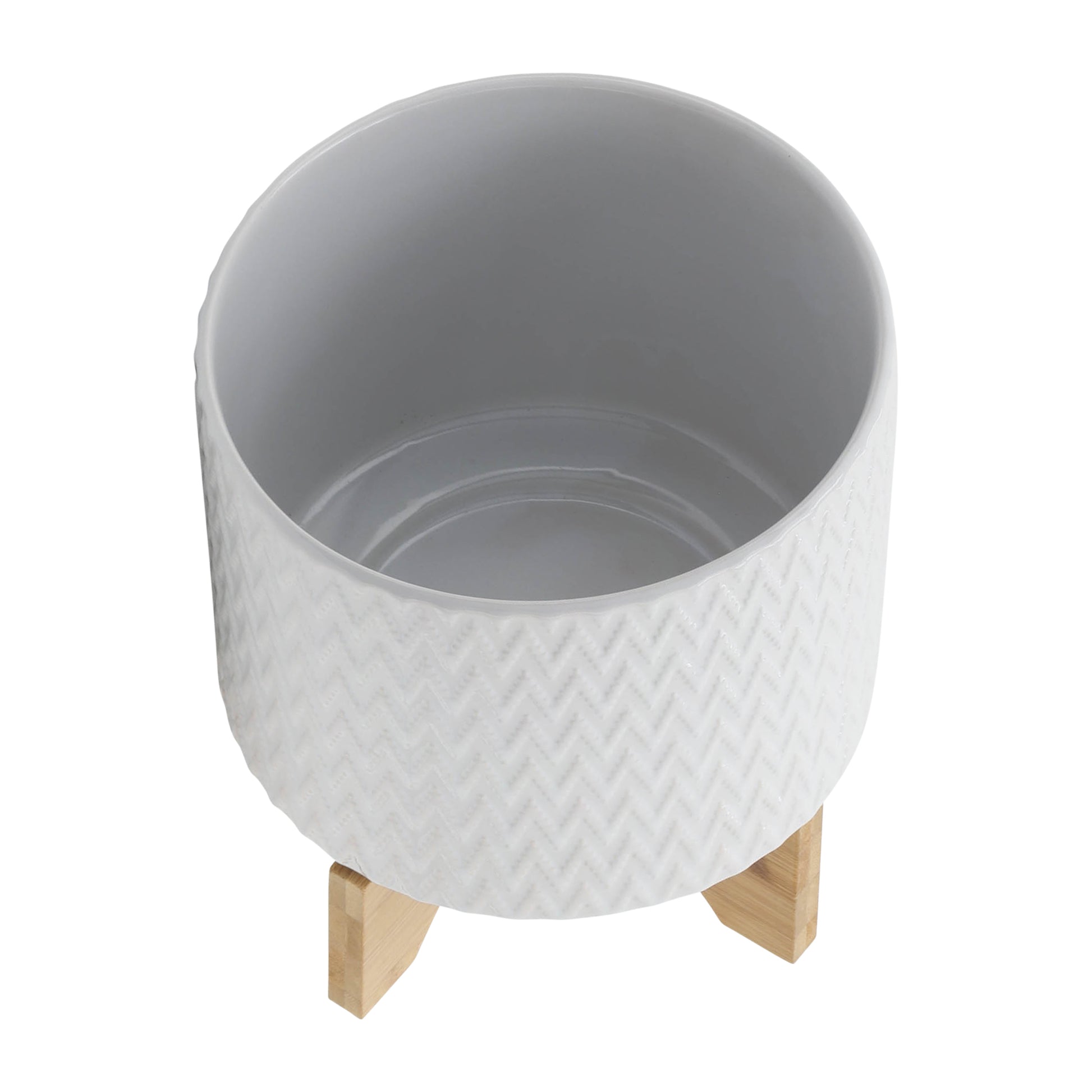 8" Chevron Planter W Stand, White White Ceramic