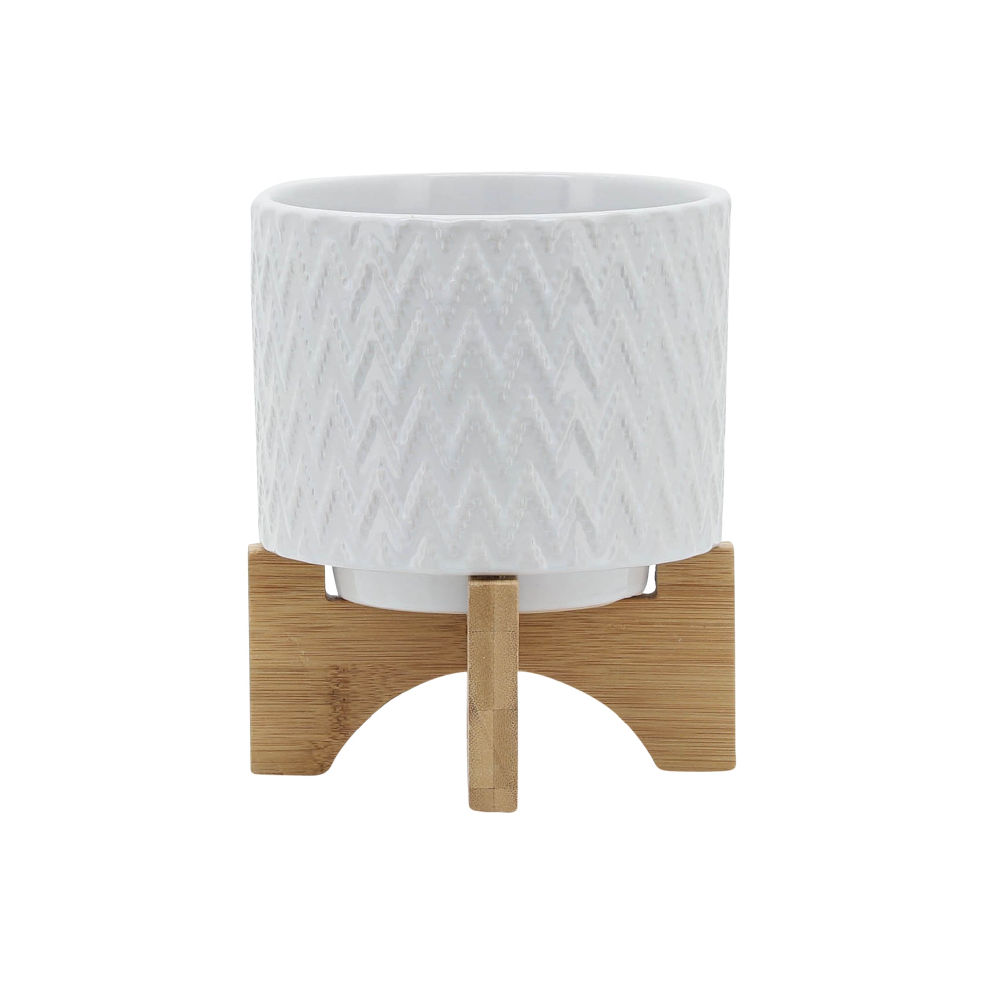 5" Chevron Planter W Stand, White White Ceramic