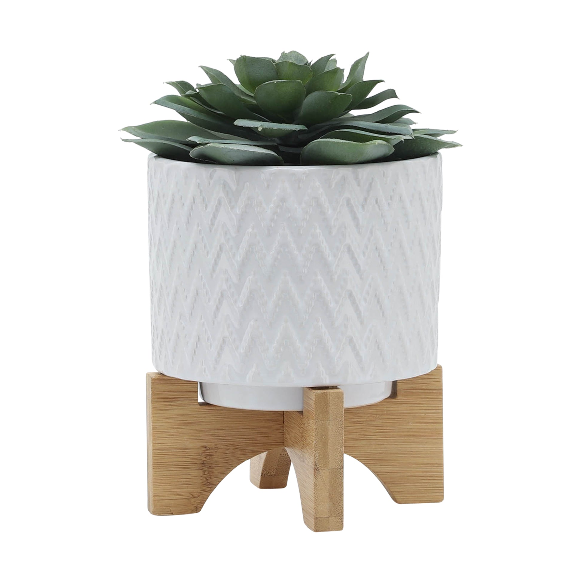 5" Chevron Planter W Stand, White White Ceramic