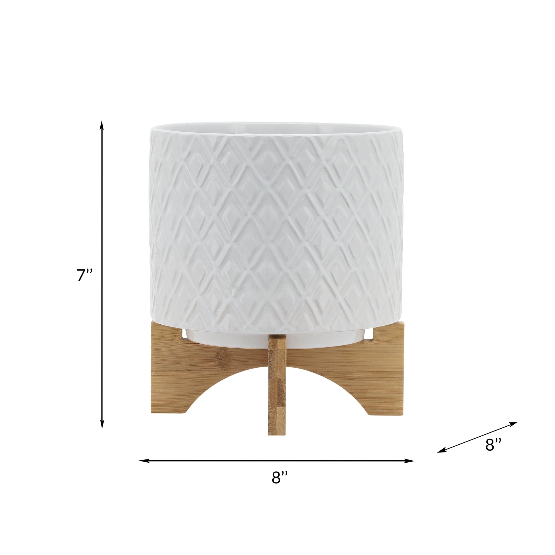 8" Diamond Planter W Stand, White White Ceramic
