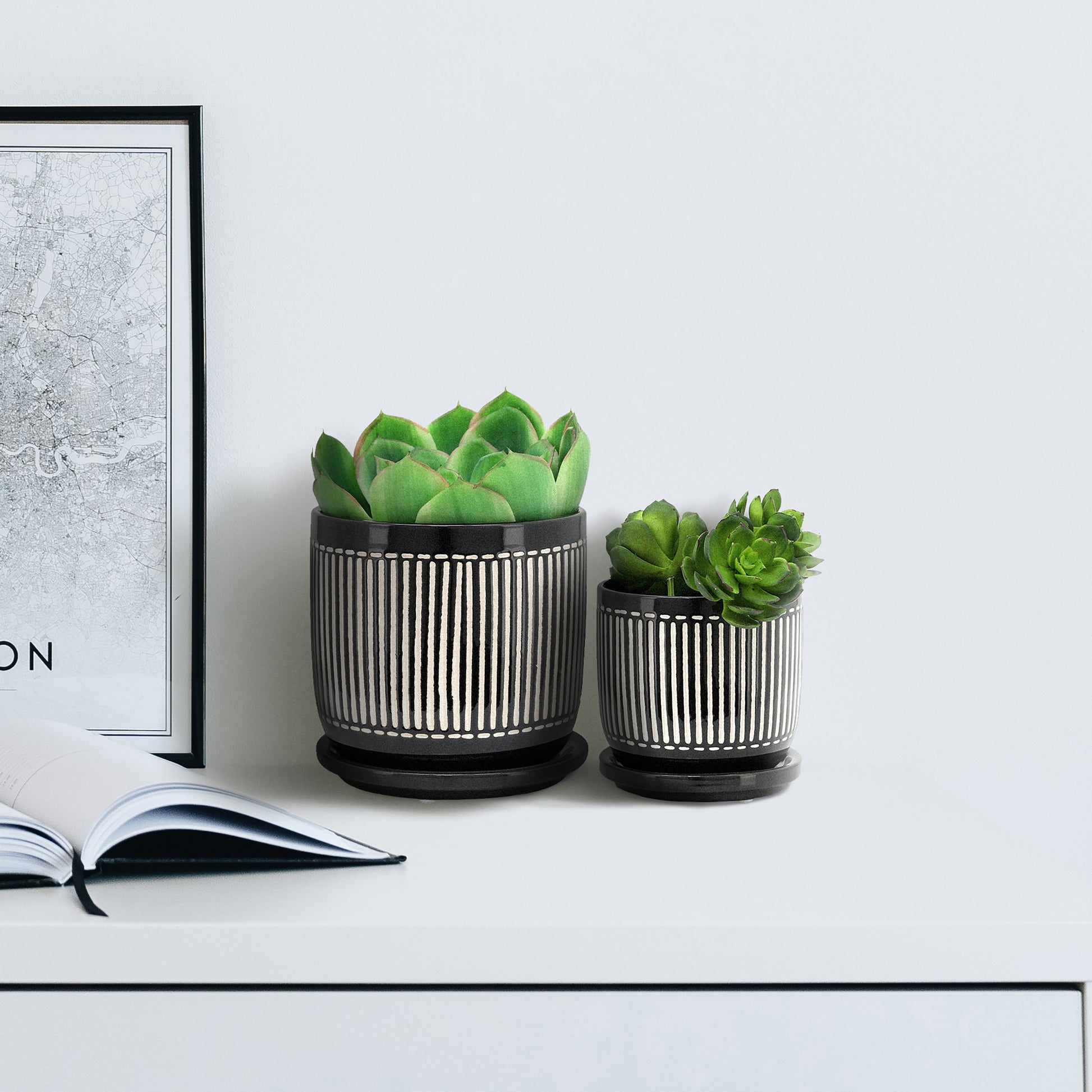 black planter with saucer S 2 5 6" Vertical Lines Planter W Saucer, Black Black Ceramic