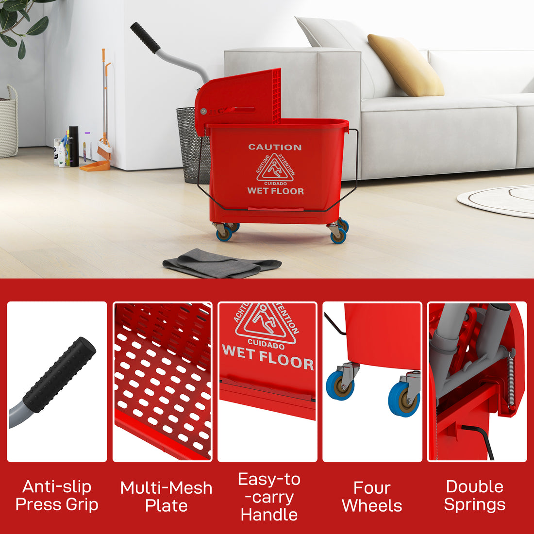 Homcom Mop Bucket With Wringer On Wheels For Floor Cleaning, 21 Quart, Separate Dirty And Clean Water, Red Red Plastic