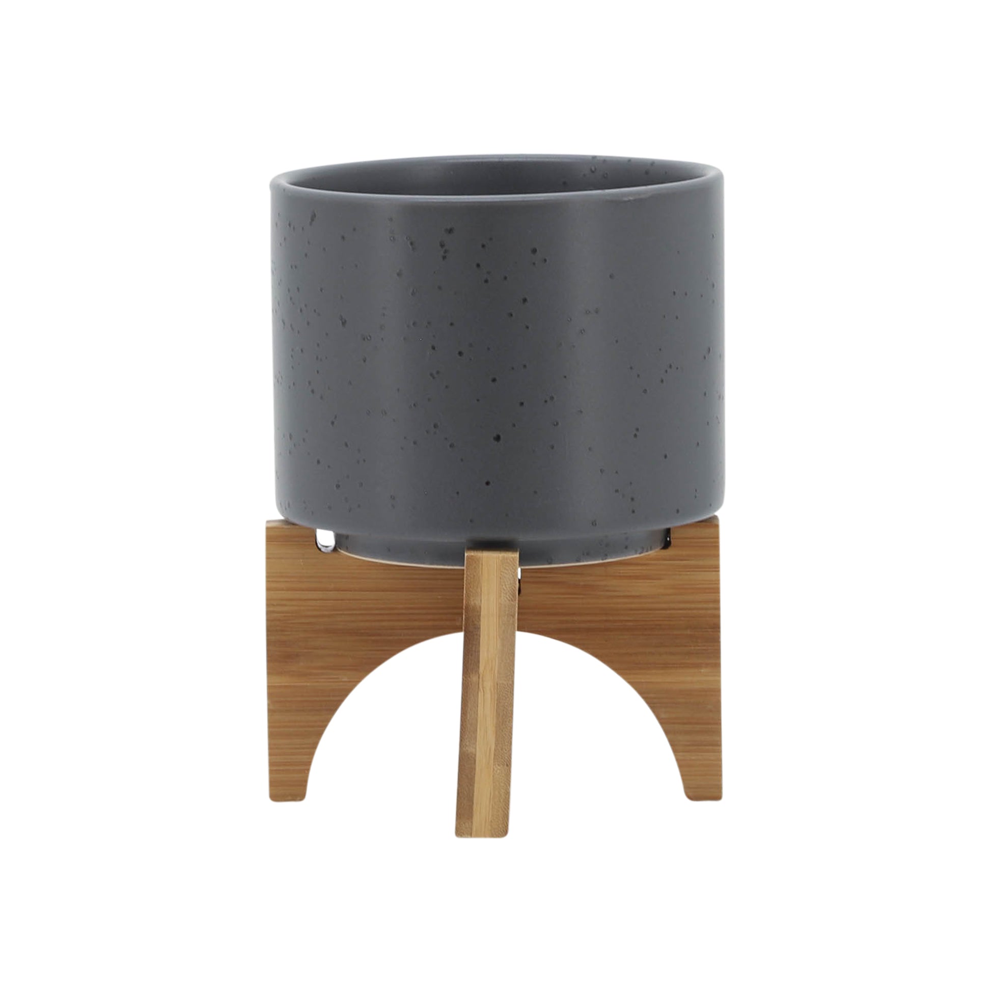 5" Planter W Wood Stand, Matte Gray Gray Ceramic