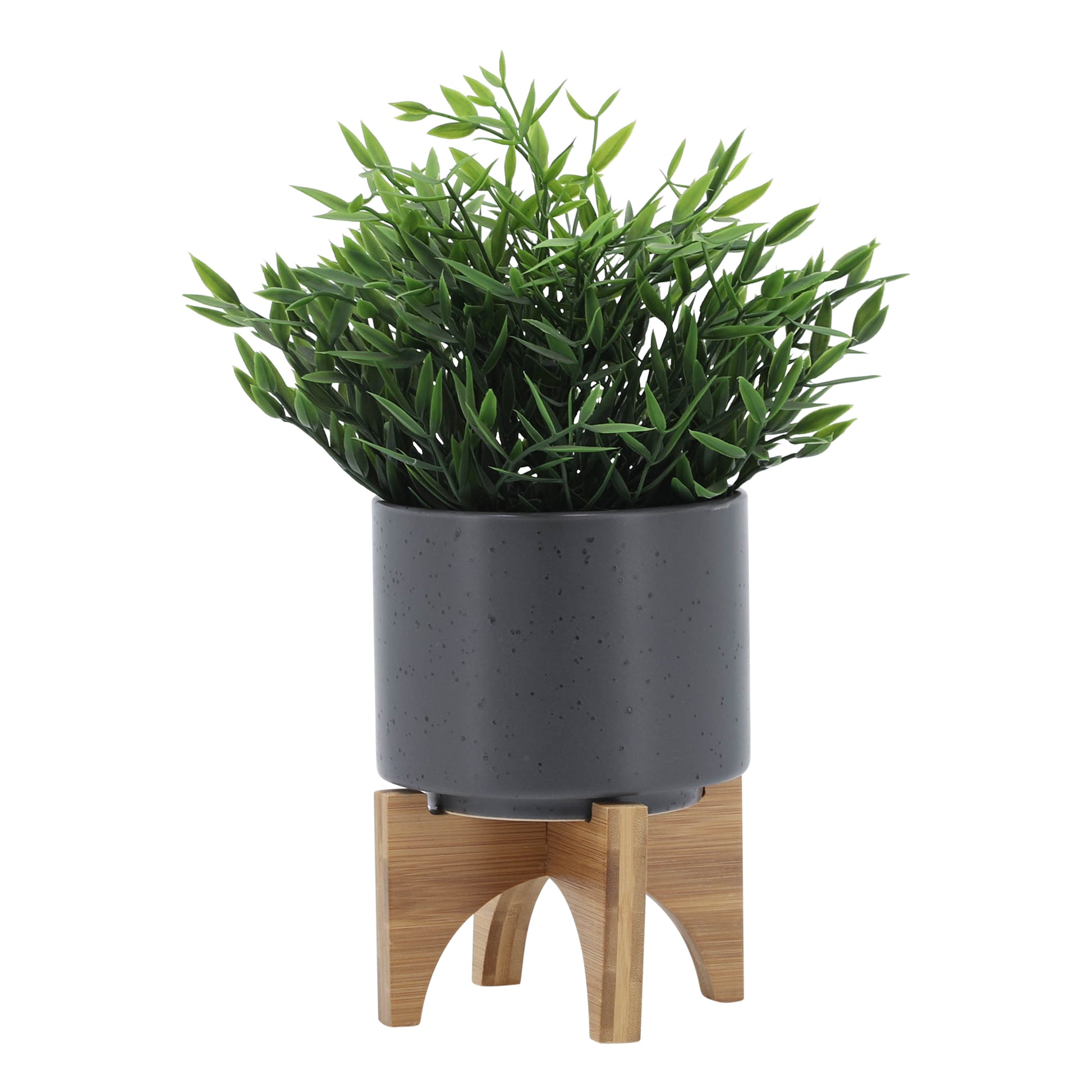 5" Planter W Wood Stand, Matte Gray Gray Ceramic