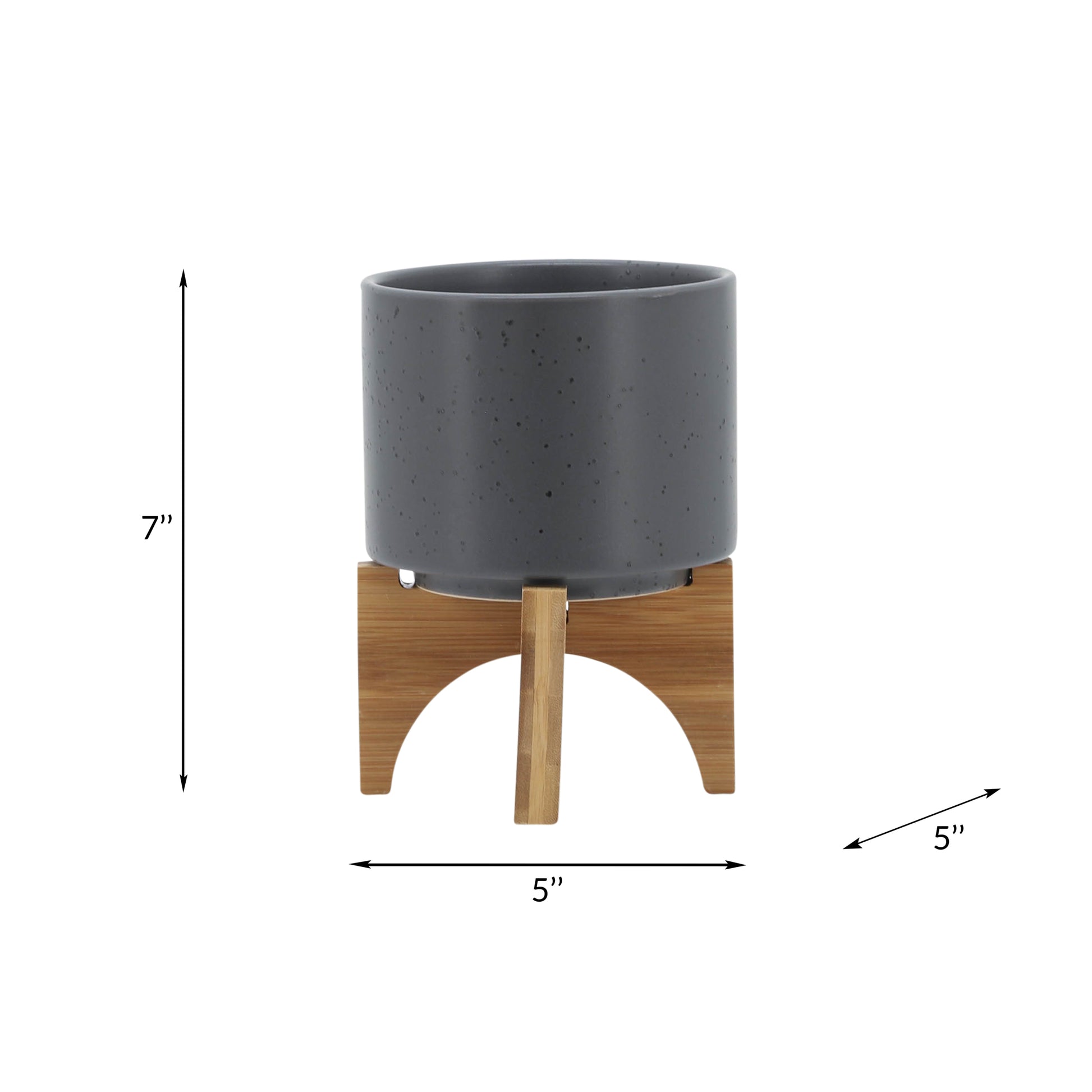 5" Planter W Wood Stand, Matte Gray Gray Ceramic