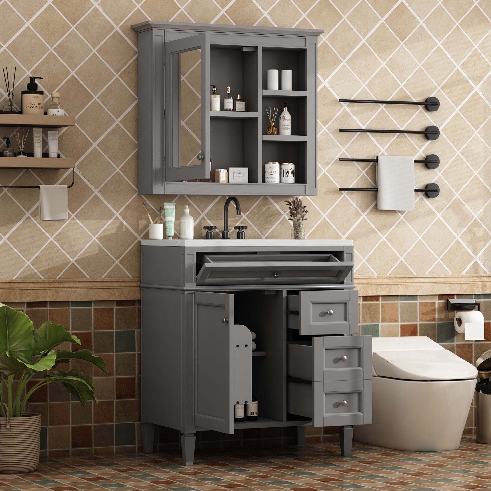 30'' Bathroom Vanity With Top Sink, Modern Bathroom Storage Cabinet With 2 Drawers And A Tip Out Drawer, Freestanding Vanity Set With Mirror Cabinet, Single Sink Bathroom Vanity 3 Grey Bathroom Solid Wood Mdf Resin Painted