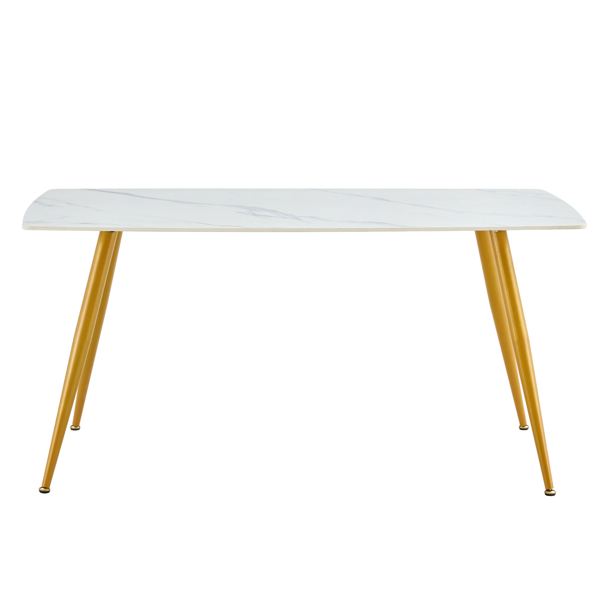 Modern Minimalist Dining Table. White Imitation Marble Pattern Sintered Stone Desktop With Golden Metal Legs.62"*34.6"*29.9" F 001 Gold Sintered Stone