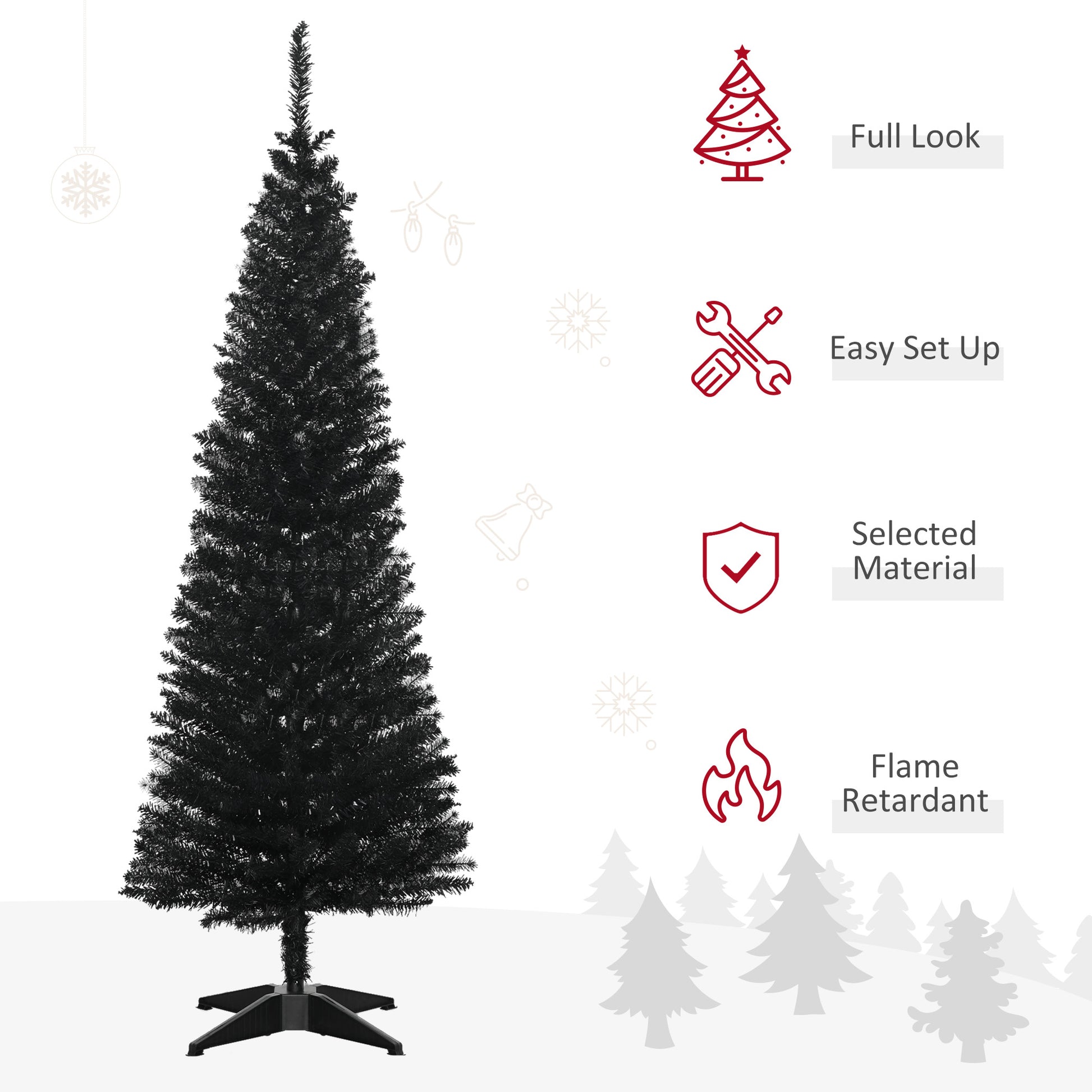 Homcom 5' Artificial Pencil Christmas Tree, Slim Xmas Tree With 294 Realistic Branch Tips And Plastic Stand, Black Black Plastic