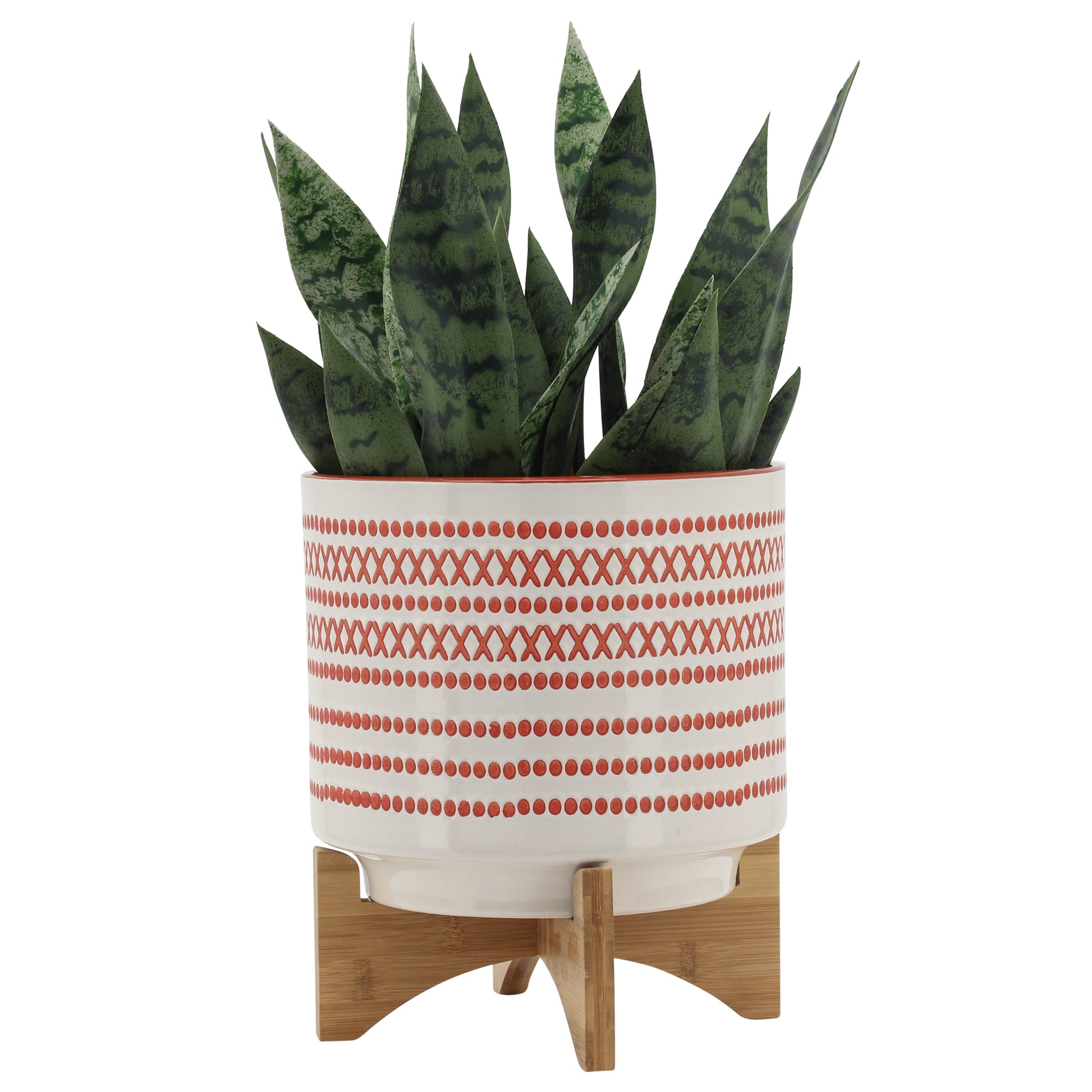 10" Aztec Planter W Wood Stand, Orange Orange Ceramic