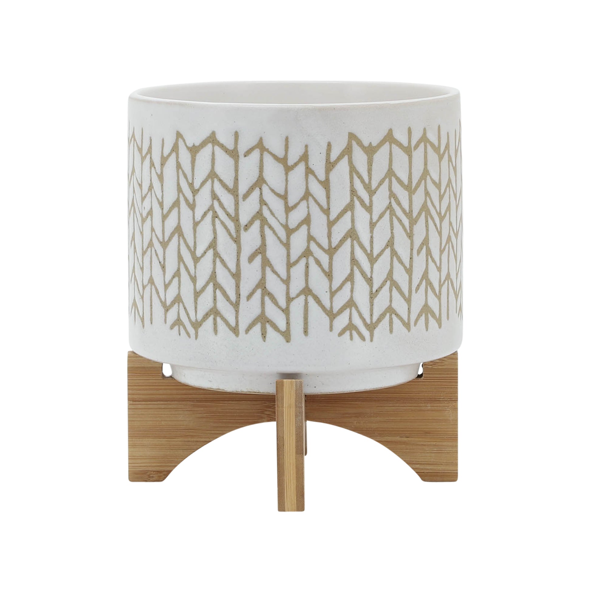 8" Chevron Planter W Wood Stand, Beige Beige Ceramic