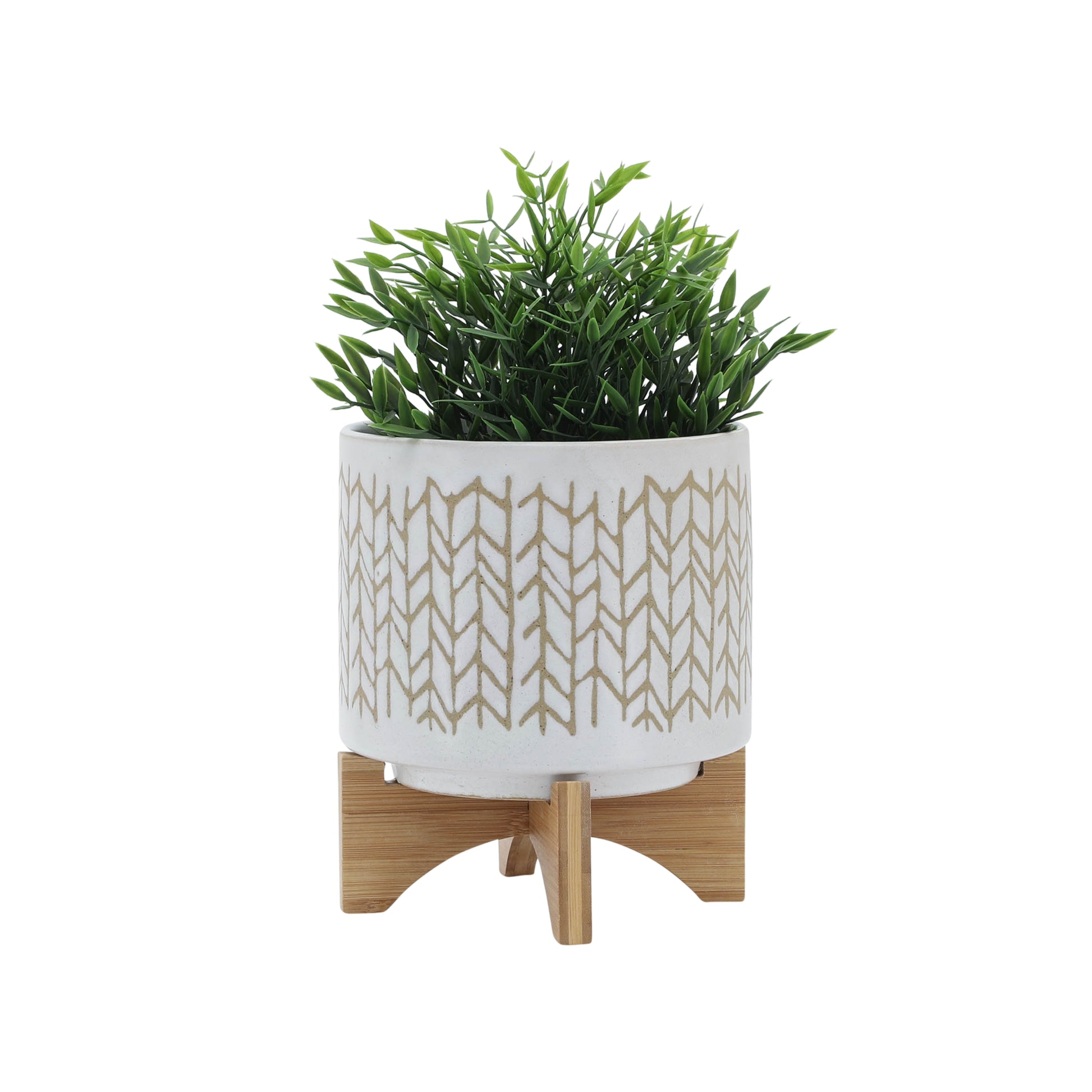 8" Chevron Planter W Wood Stand, Beige Beige Ceramic