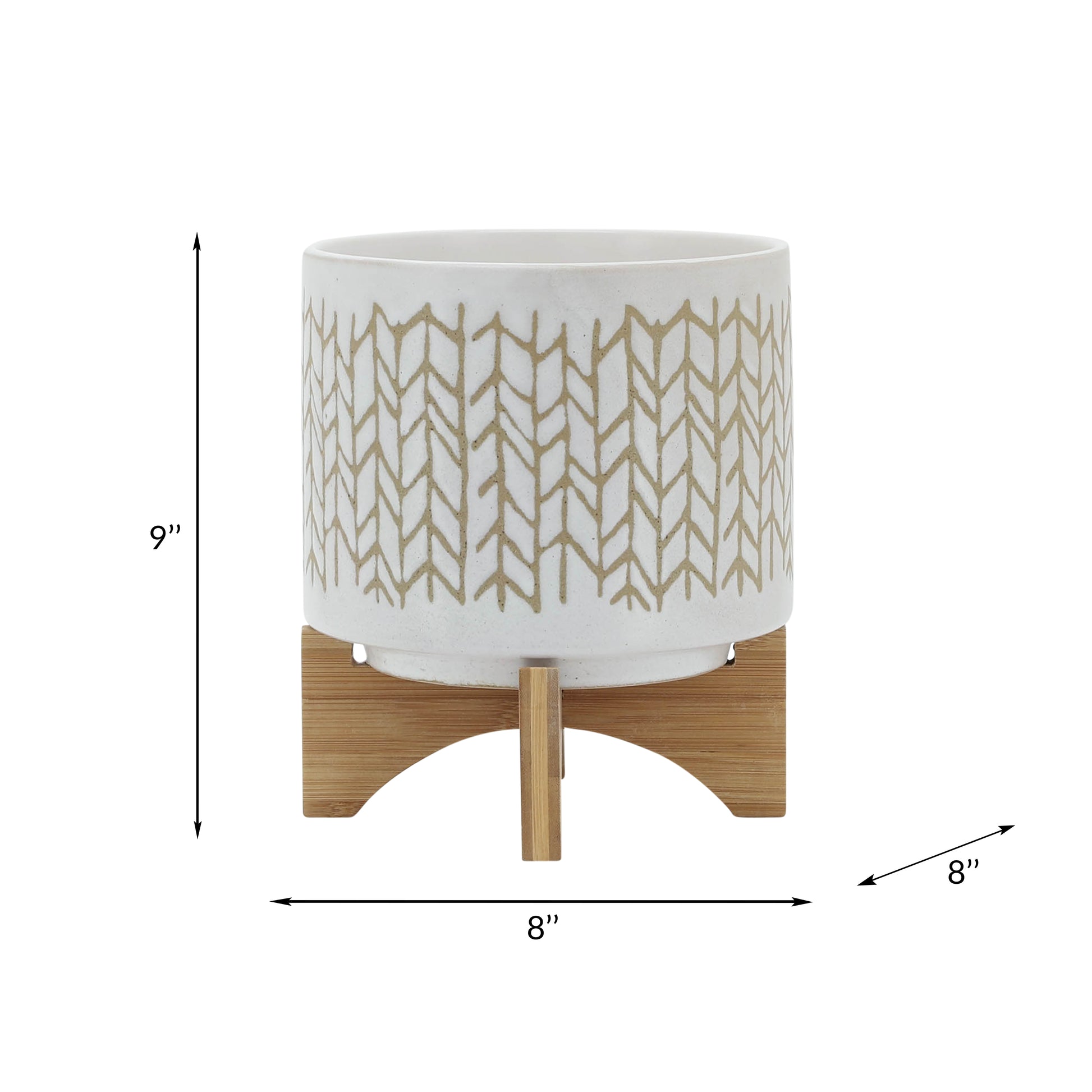 8" Chevron Planter W Wood Stand, Beige Beige Ceramic