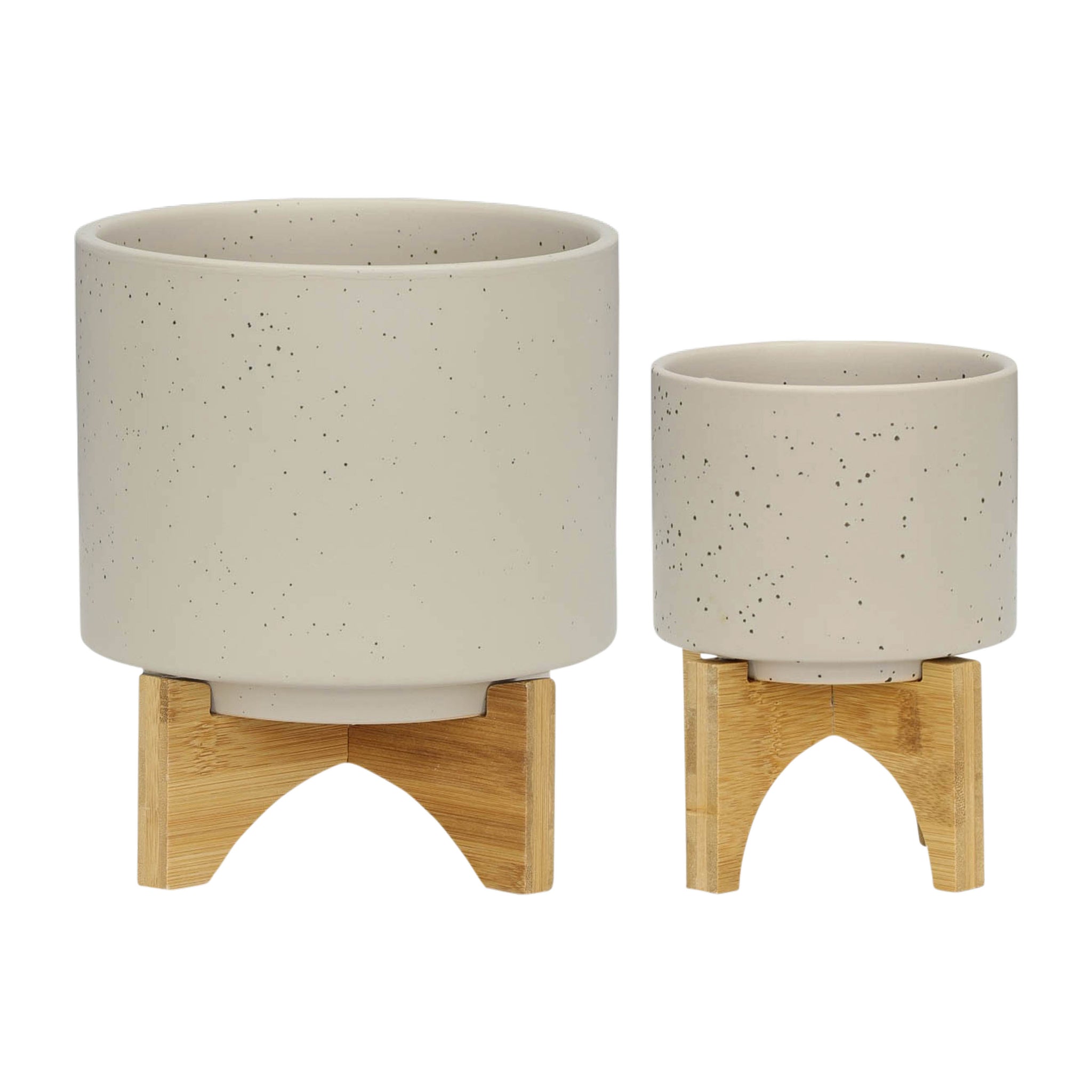 wood & stoneware indoor planter large S 2 5 8" Planter W Wood Stand, Matte Beige Beige Ceramic