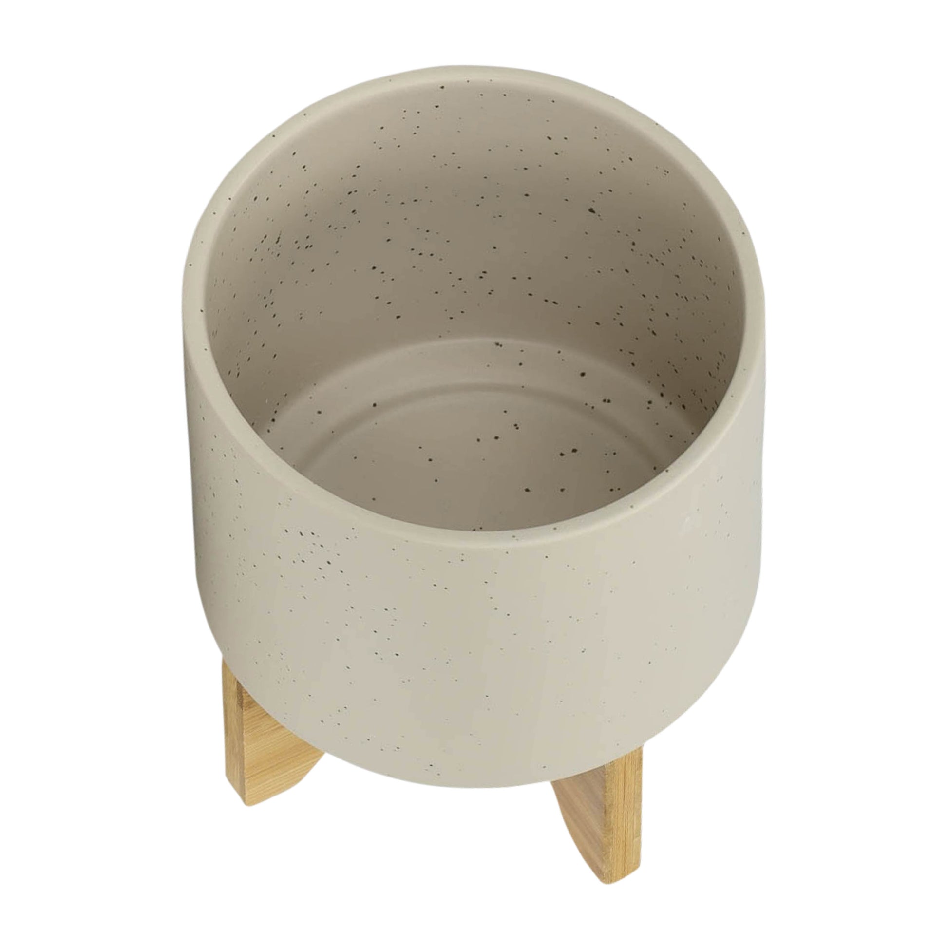 S 2 5 8" Planter W Wood Stand, Matte Beige Beige Ceramic