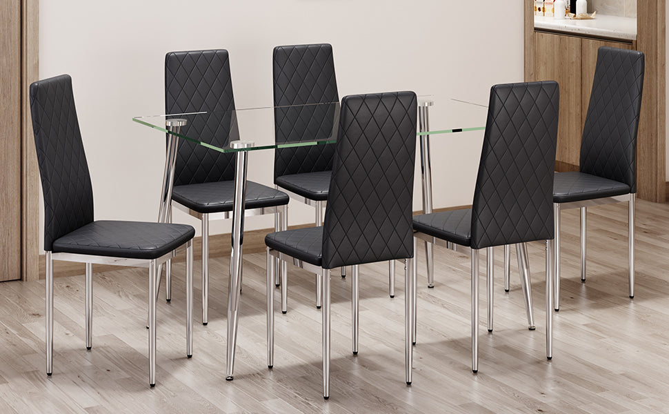 Table And Chair Set.Rectangular Dining Table With Tempered Glass Tabletop And Silver Plating Metal Legs.Paired With 6 Checkered Armless High Back Black Chairs With Electroplated Metal Legs. Black Seats 6 Glass Metal