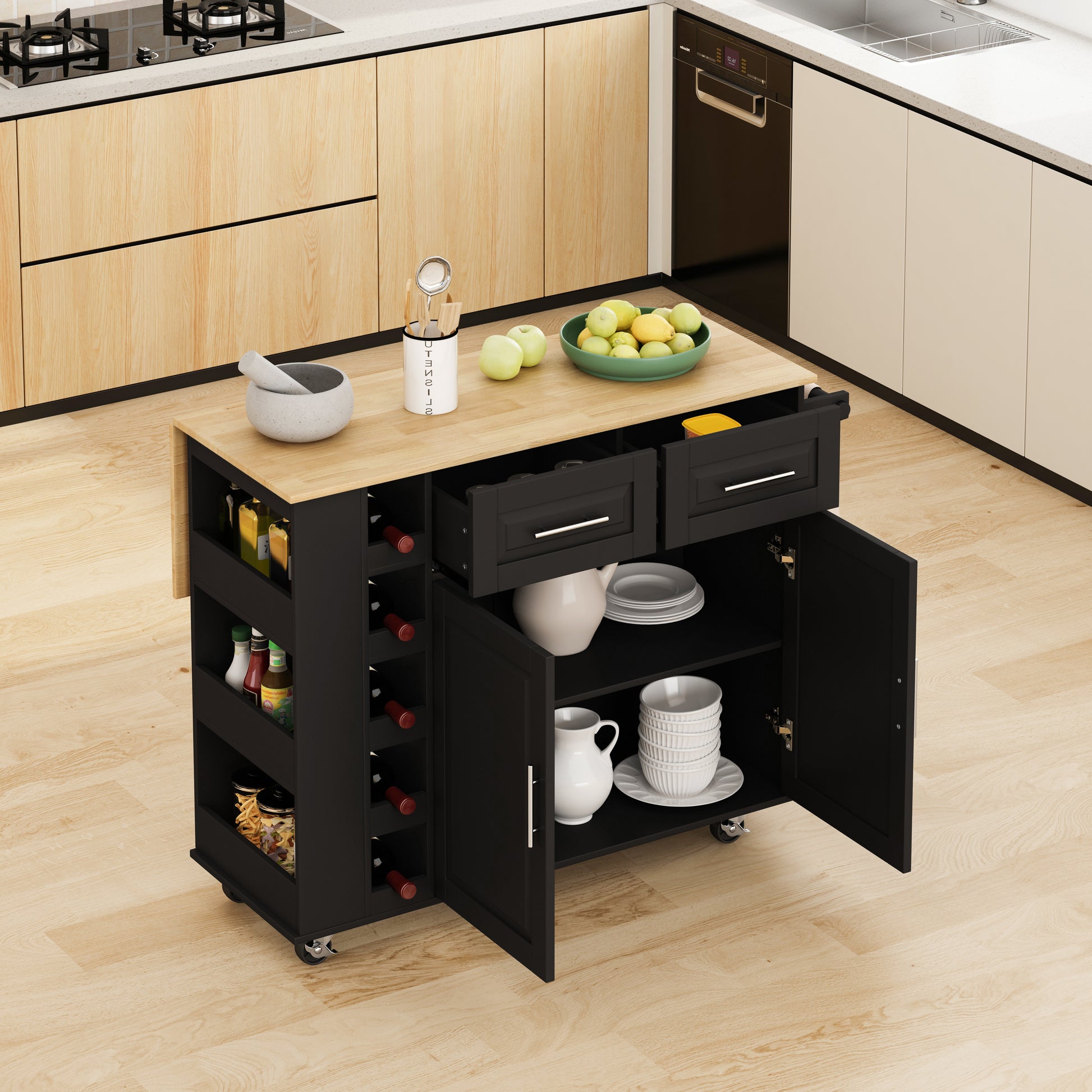 Multi Functional Kitchen Island Cart With Stylish And Minimalist Bar Stools, Combination Set, Convenient And Practical Black Kitchen Island Brown Bar Stools Black Brown Mdf