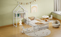 Wooden Floor Bed With Fence Railings And Detachable House Shape Headboard, Twin Size Bed With Kids Dress Up Rack, Kids Montessori Style Playhouse Frame For Girls Boys, White Twin White Wood