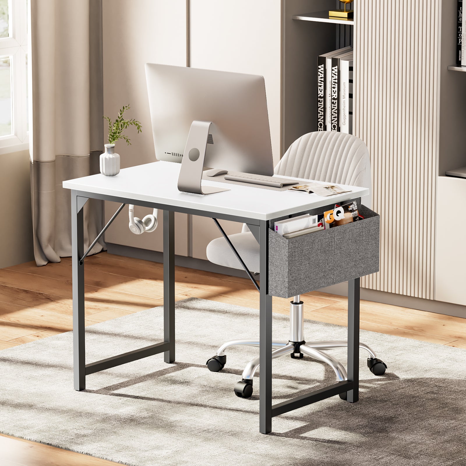 Modern Simple Style Wooden Work Office Desks With Storage,31 Inch,White White Iron