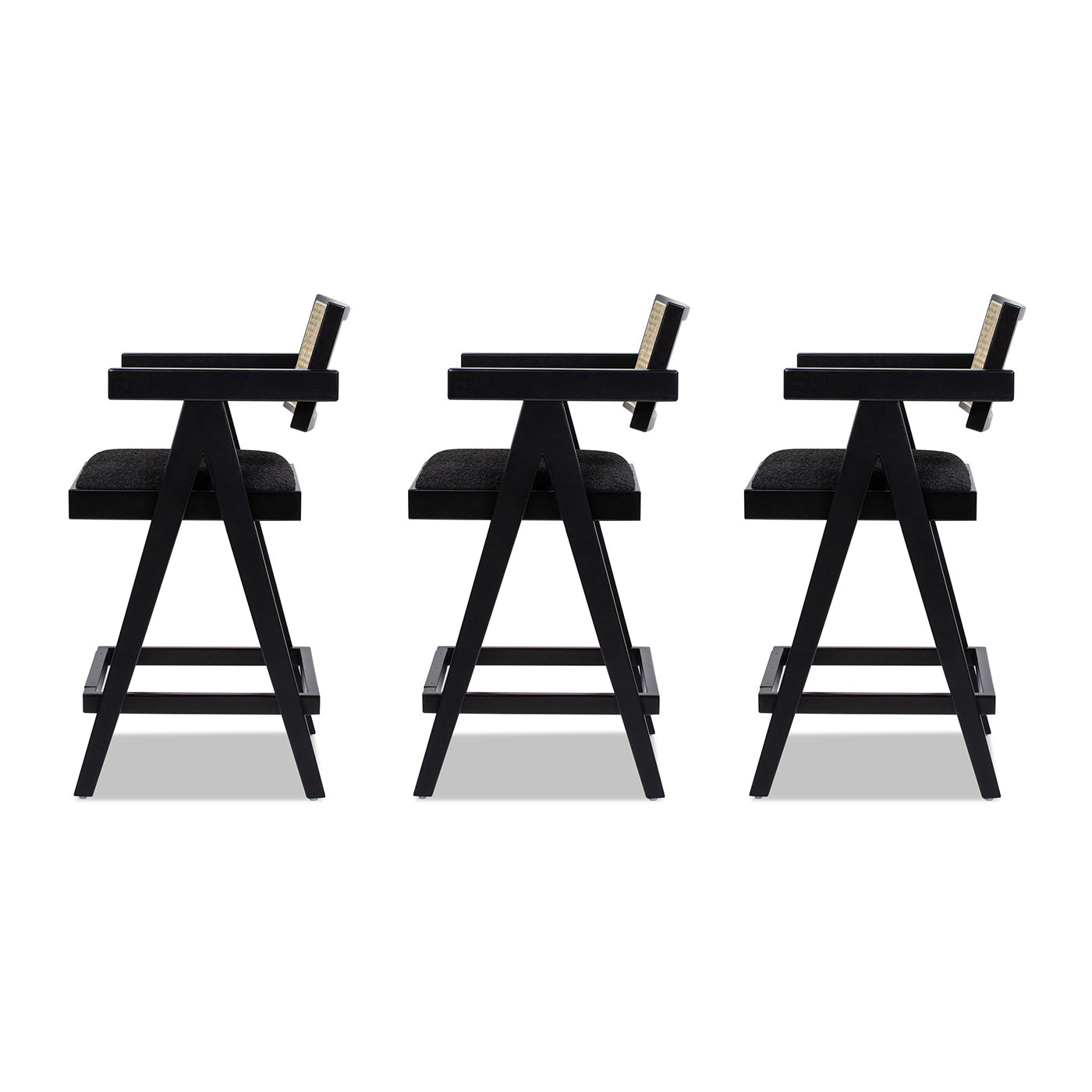 Milan 25.5" Modern Resin Webbing Back Bar Stool With Arms, Set Of 3, Ebony Black Boucle Black Foam Boucle