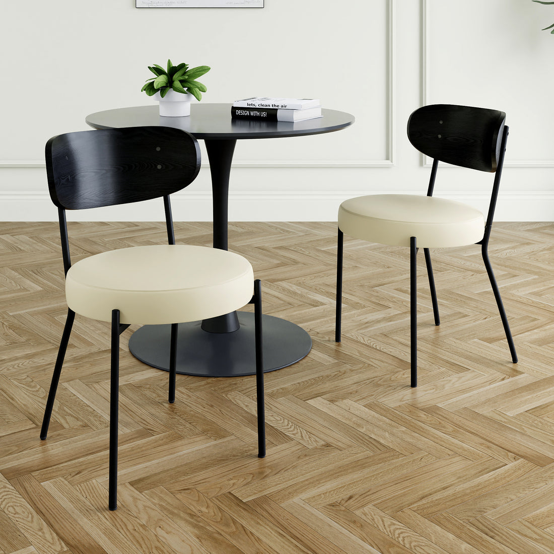 Modern Grey Simple Pu Dining Chair Upholstered Chair Family Bedroom Stool Back Dressing, Black Round Table Set, Bentwood Covered With Ash Veneer Chair Back, Chair Black Metal Legs Set Of 3 Black Mdf