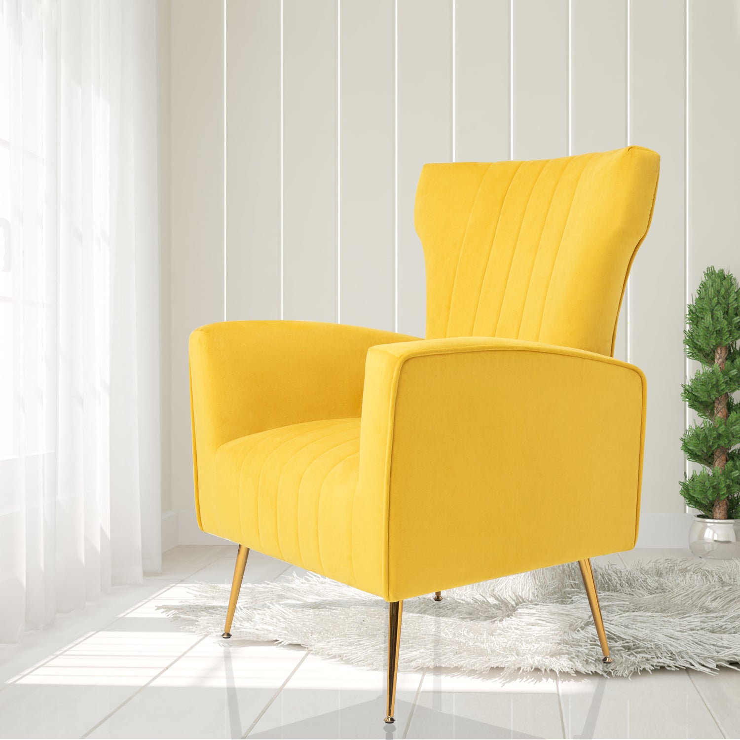 Velvet Accent Chair, Wingback Arm Chair With Gold Legs, Upholstered Single Sofa For Living Room Bedroom Yellow Velvet 1 Seat