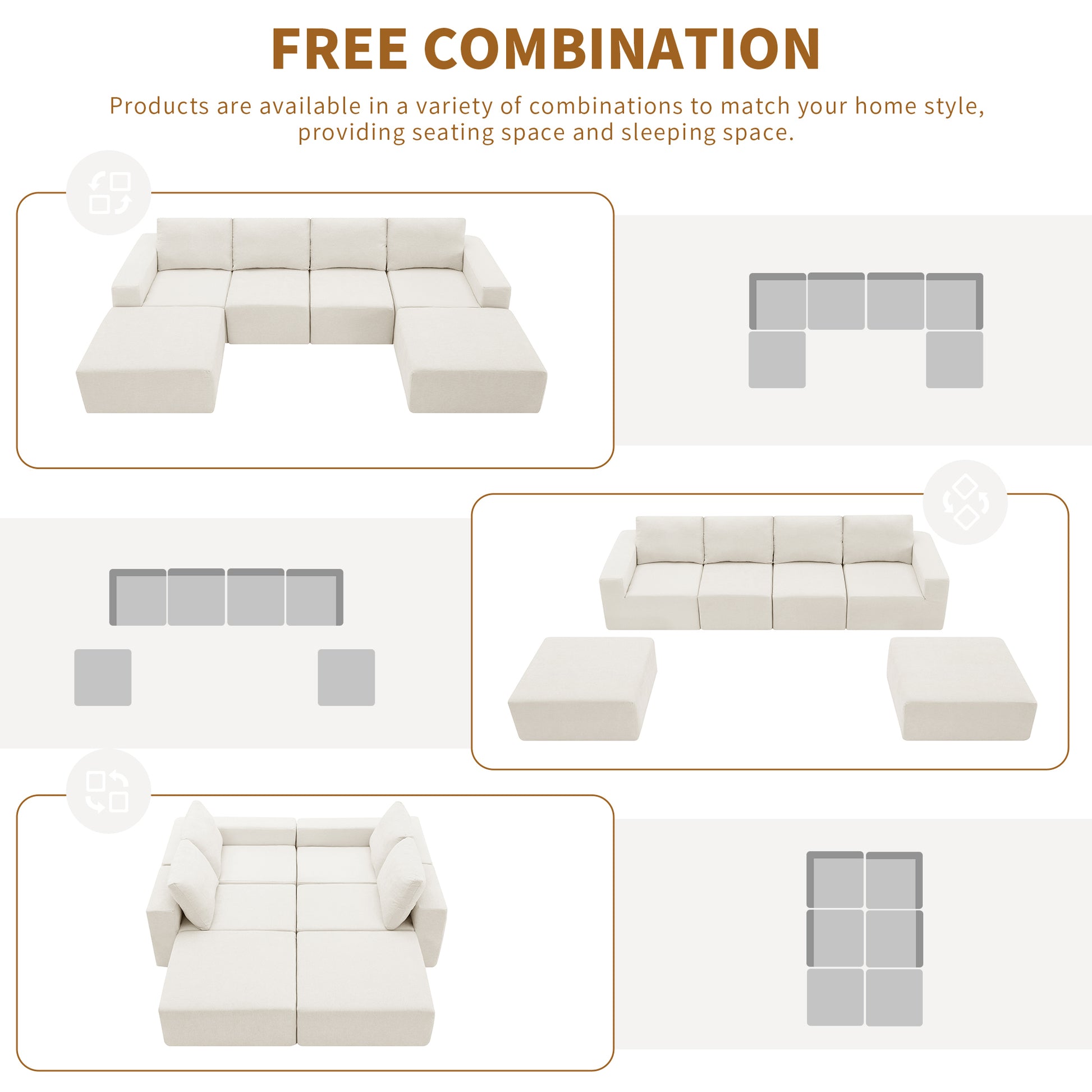 110*72" Modular U Shaped Sectional Sofa,Luxury Chenille Floor Couch Set,Upholstered Indoor Furniture,Foam Filled Sleeper Sofa Bed For Living Room,Bedroom,Free Combination,3 Colors Beige Polyester 6 Seat