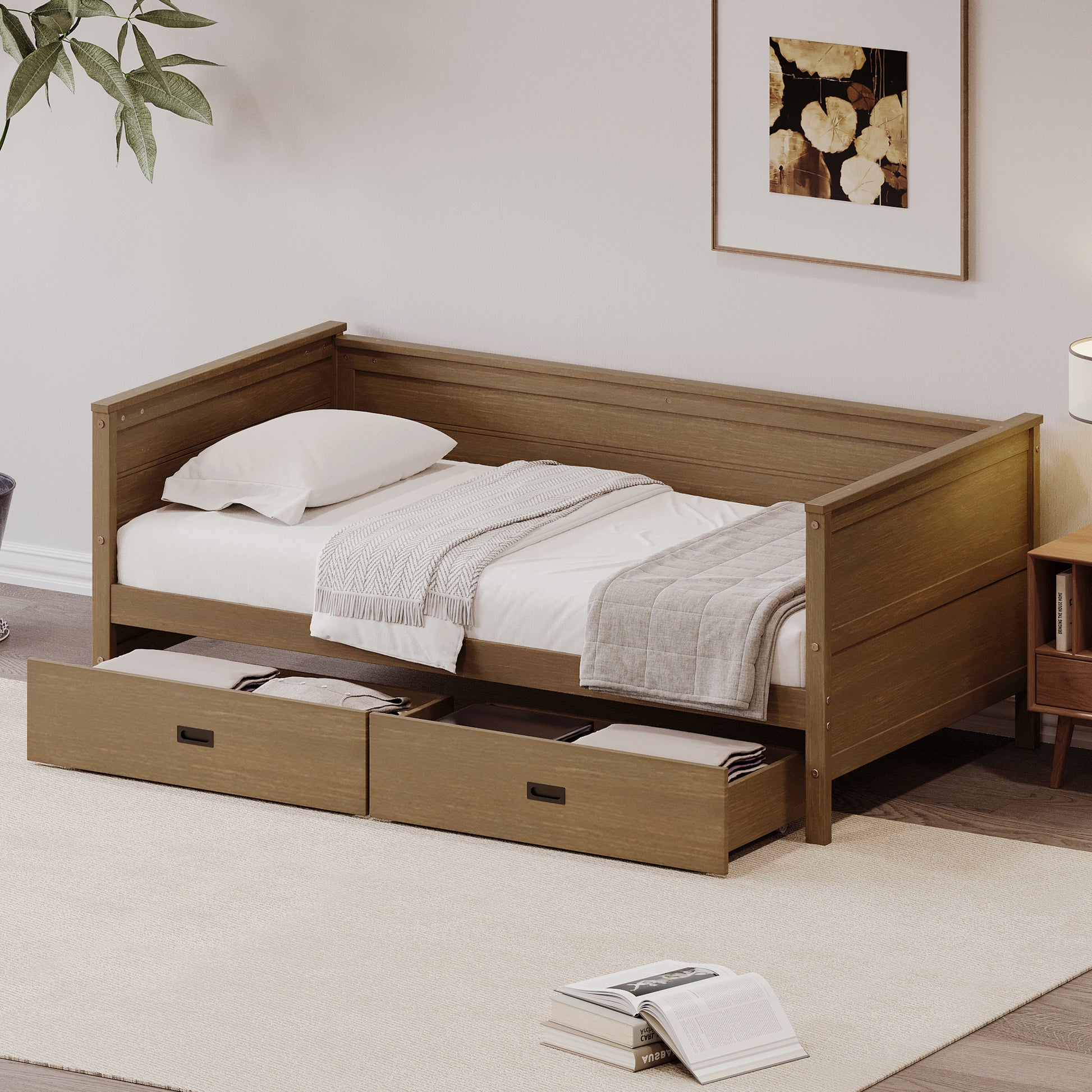 Twin Size Solid Wood Daybed With Two Drwaers For Kids Teens Dorm Bedroom Multipurpose Guest Room Or Home, Walnut Box Spring Not Required Twin Walnut Wood Bedroom Pine Wood