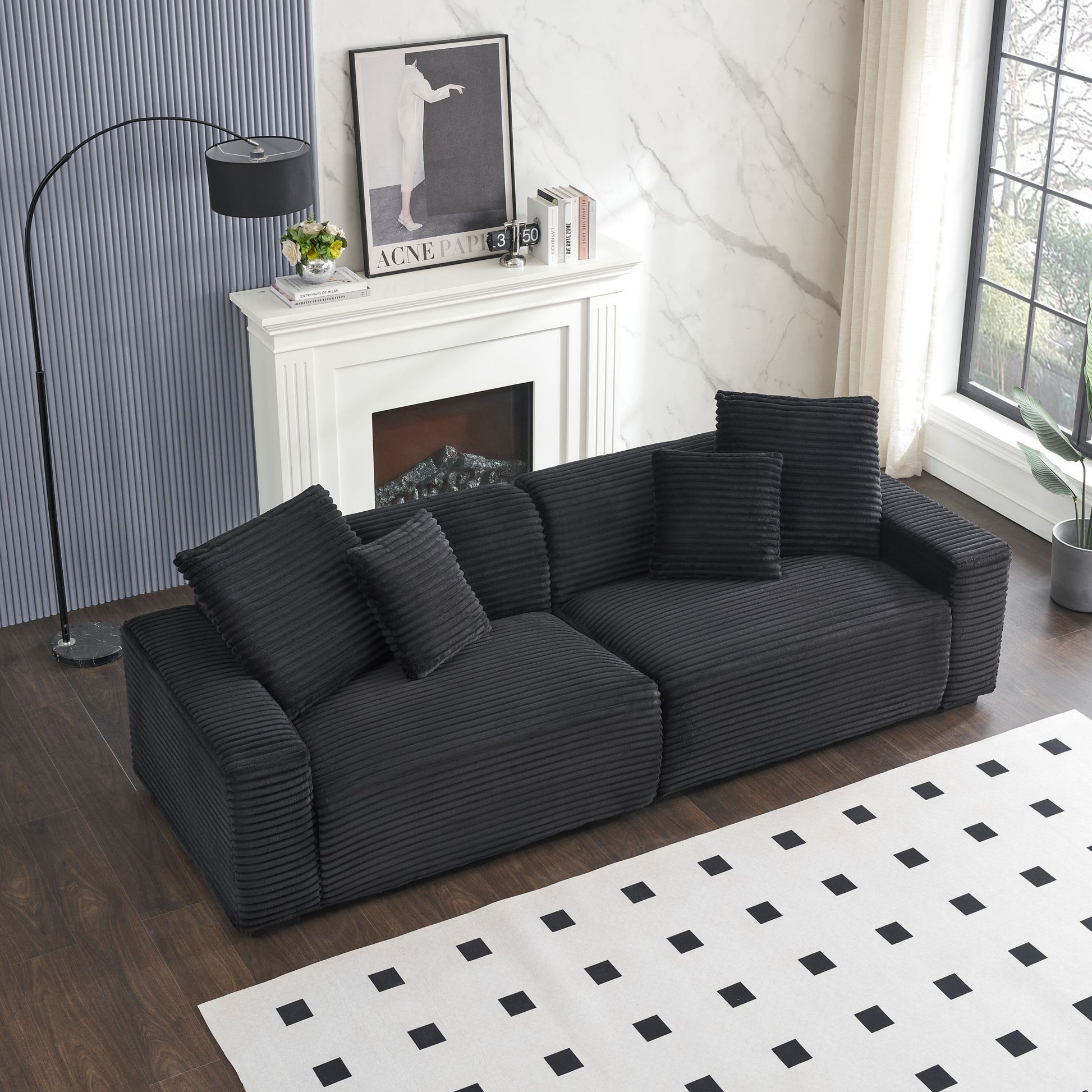 104.72 Inch 4 Seat Large Sofa With 4 Throw Pillows, Living Room Sofa In Black Corduroy Fabric Comfort Black Corduroy 3 Seat