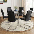 Table And Chair Set.A Modern Minimalist Round Dining Table With Transparent Tempered Glass Top And Silver Metal Legs,Paried With Chairs With Pu Backrest And Seat Cushion And Silver C Tube Metal Legs. Black,Transparent Seats 6 Glass Metal