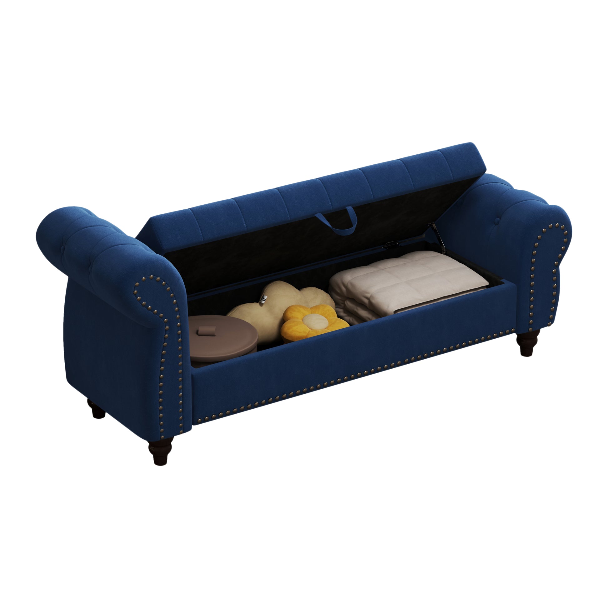 64.5" Bed Bench For Bed Room Nails Tufted Chaise Of Lounge With Storage Velvet Upholstery Navy Blue Navy Blue Bedroom Foam Velvet