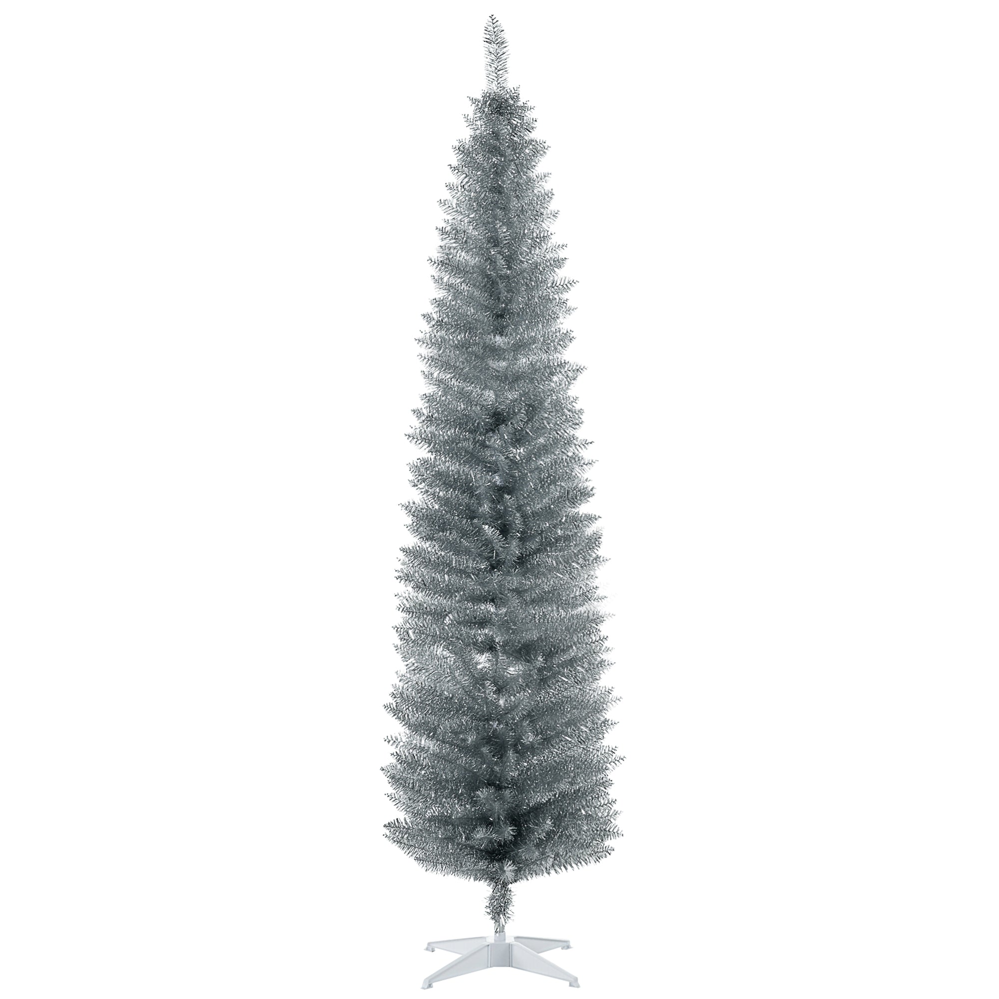 Homcom 7' Artificial Pencil Christmas Tree, Slim Xmas Tree With 499 Realistic Branch Tips And Plastic Stand, Silver Silver Plastic