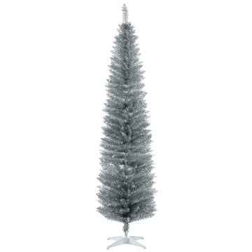 Homcom 7' Artificial Pencil Christmas Tree, Slim Xmas Tree With 499 Realistic Branch Tips And Plastic Stand, Silver Silver Plastic