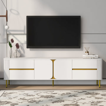 Tv Stand For Tvs Up To 80 Inches, Modern Entertainment Center Media Console With 4 Drawers And 1 Spacious Cabinet For Living Room, White White 70 79 Inches Mdf