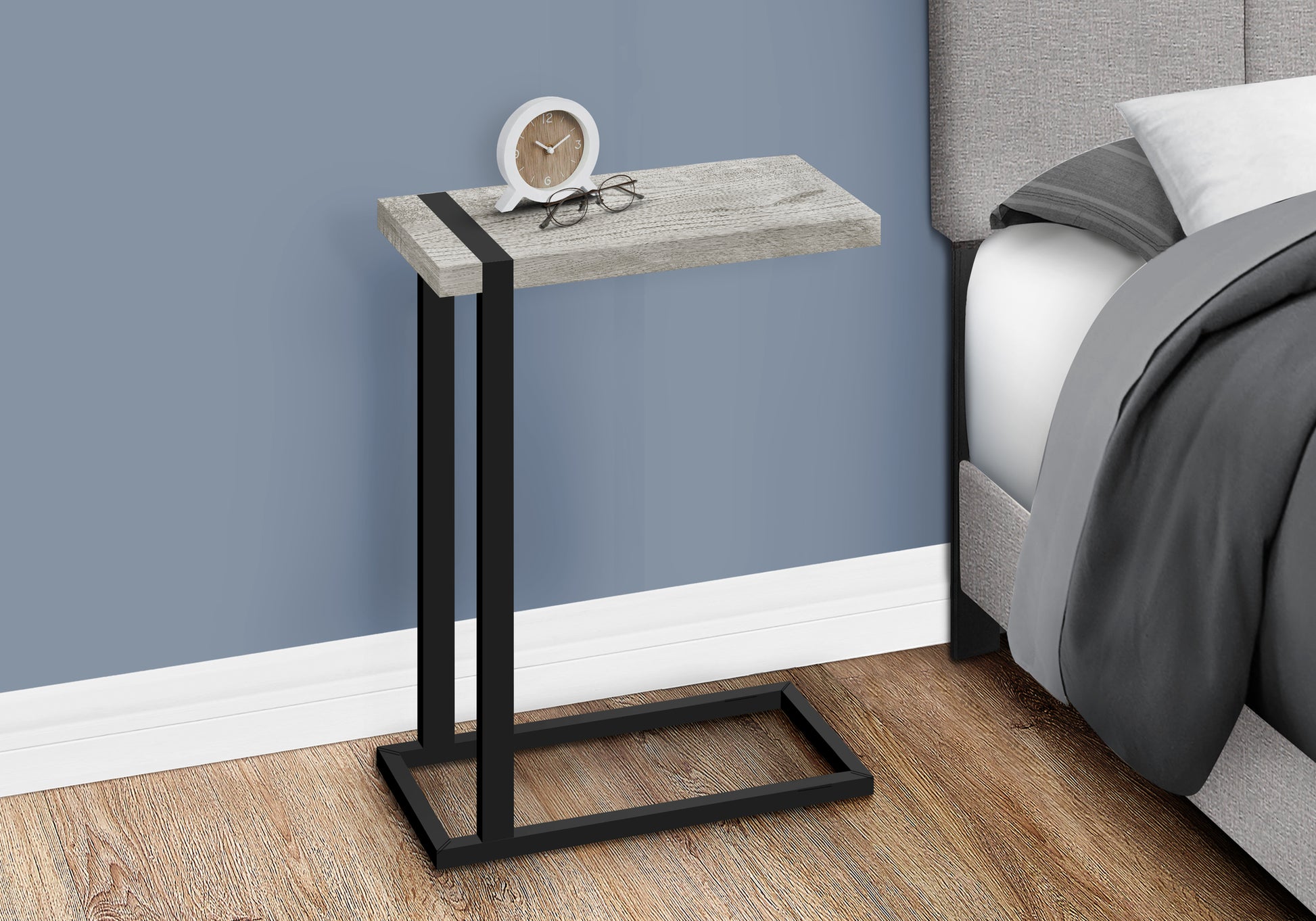 Accent Table, C Shaped, End, Side, Snack, Living Room, Bedroom, Grey Laminate, Black Metal, Contemporary, Modern Grey Mdf