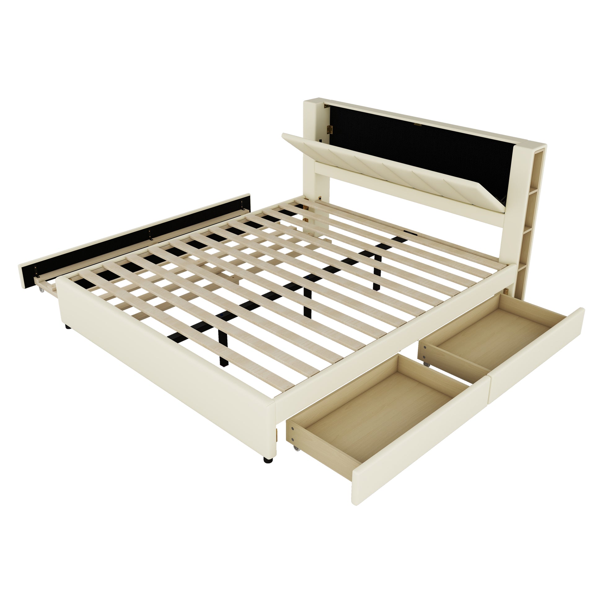 King Size Upholstery Platform Bed With Storage Headboard, 2 Drawers And Trundle,Beige King Beige Upholstered