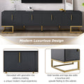 Modern Tv Stand With Metal Legs And Gold Handles For Tvs Up To 80'', Media Console Table With Cabinets And Adjustable Shelves, Luxury Tv Cabinet With Geometric Lines For Living Room, Black Black Gold Primary Living Space 80 89 Inches 80 89 Inches 80