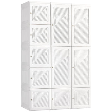 Homcom Portable Wardrobe Closet, Folding Bedroom Armoire, Clothes Storage Organizer With 11 Cube Compartments, Hanging Rod, Magnet Doors, White White Abs