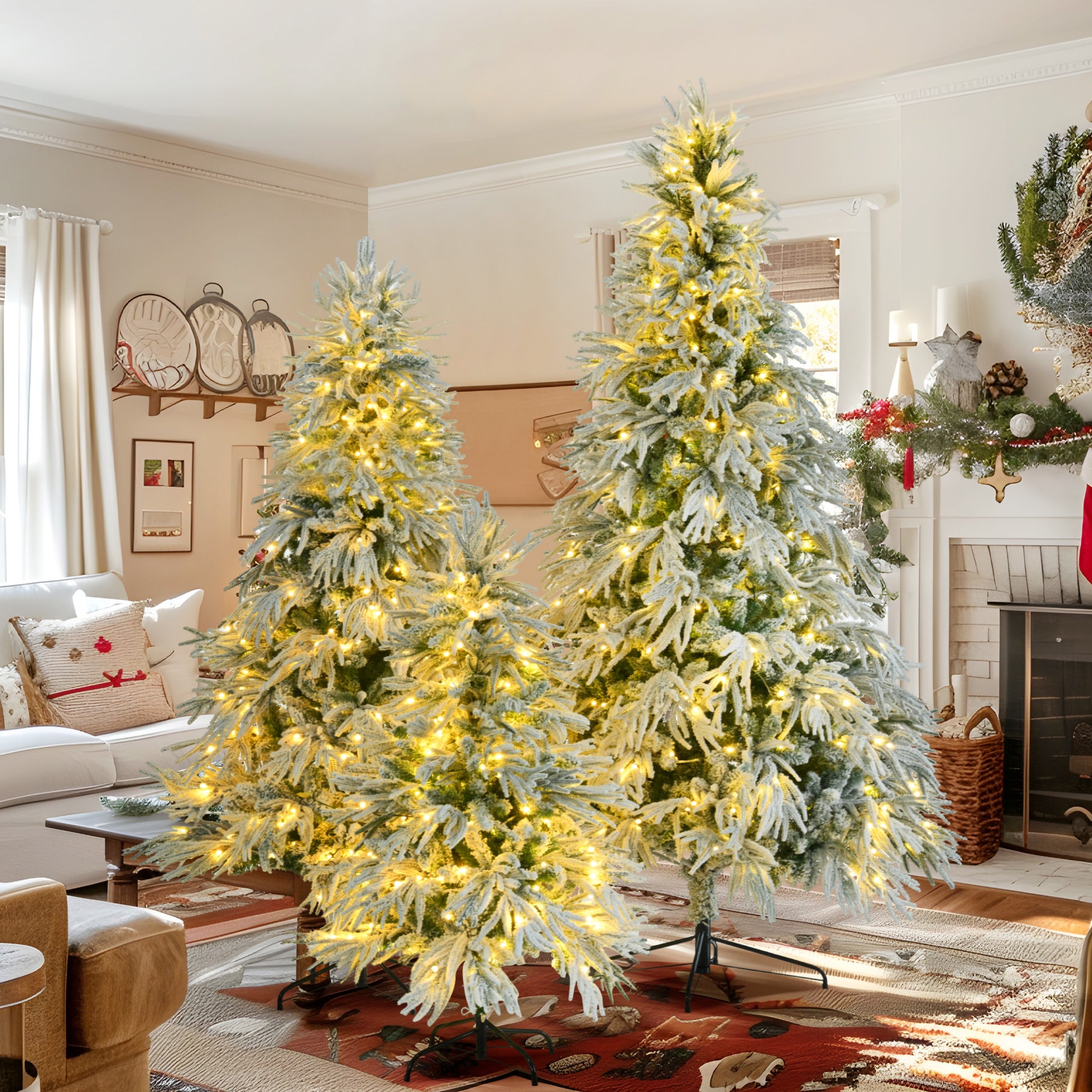 Pre Lit Spruce Snow Flocked Christmas Tree Set 4Ft, 6Ft, 7.5Ft, Artificial Hinged Xmas Tree With 800 Warm Yellow & Colorful Led Lights, 8 Flashing ... Pre Lit Spruce Snow Flocked Christmas Tree Set 4Ft, 6Ft, 7.5Ft, Artificial Hinged Xmas Tree With 800 Warm Yellow & Colorful Led Lights, 8 Flashing ...