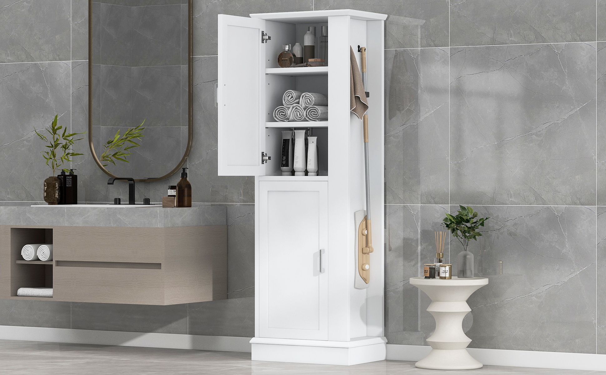 Tall Bathroom Storage Cabinet, Freestanding Storage Cabinet With Hook And Adjustable Shelf, Mdf Board, White White 2 Mdf