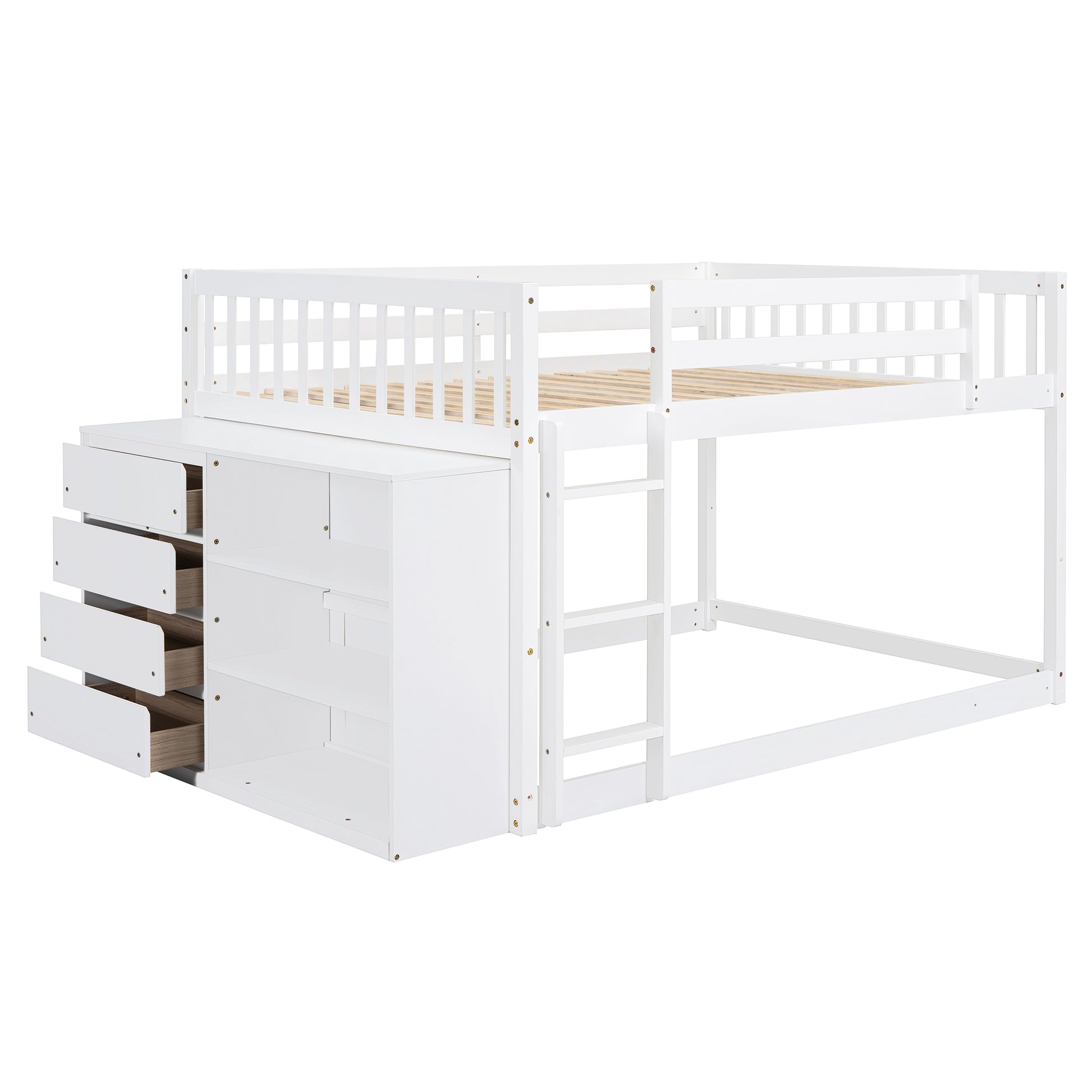 Full Over Full Bunk Bed With 4 Drawers And 3 Shelves White Full White Solid Wood