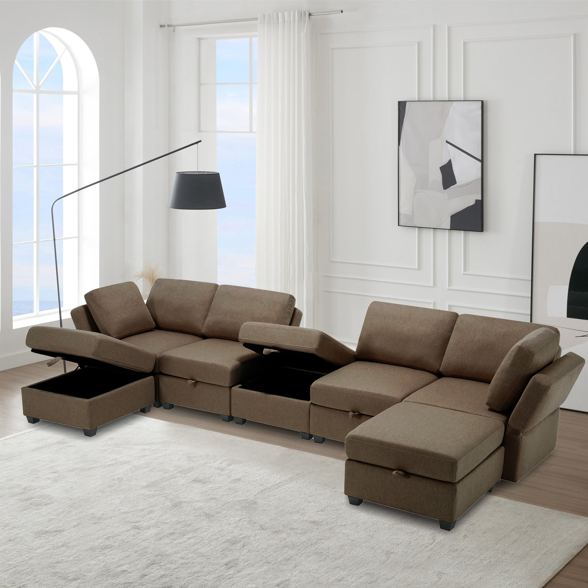 Free Combinations Storage Functional Modular Sectional Sofa With Thick Seat And Back Cushions Brown Polyester 4 Seat