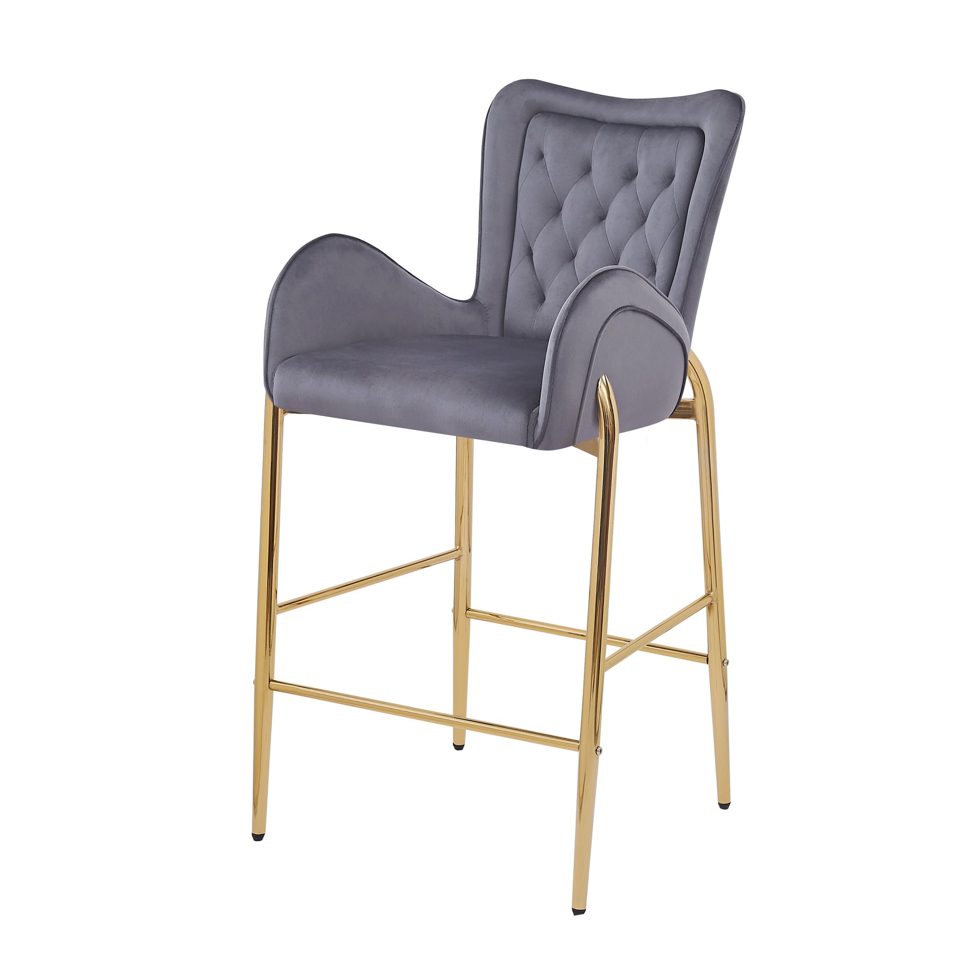 28.75Inch Counter Height Bar Stools Set Of 2, Bar Height Arm Chairs, Velvet Fabric Stools With Golden Legs And Footrests,Gray Solid Kitchen Tufted Back Set Of 2 Wood Gray Powder Coated Foam Spot